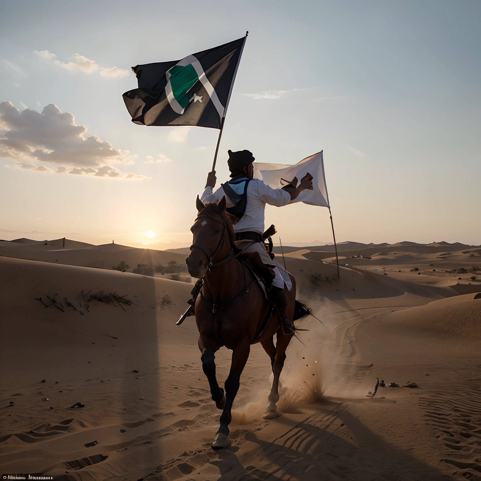 A side view of a picture like A man running a horse towards thousands of enemy in the desert holding Muslim flag on right hand and sword on left hand