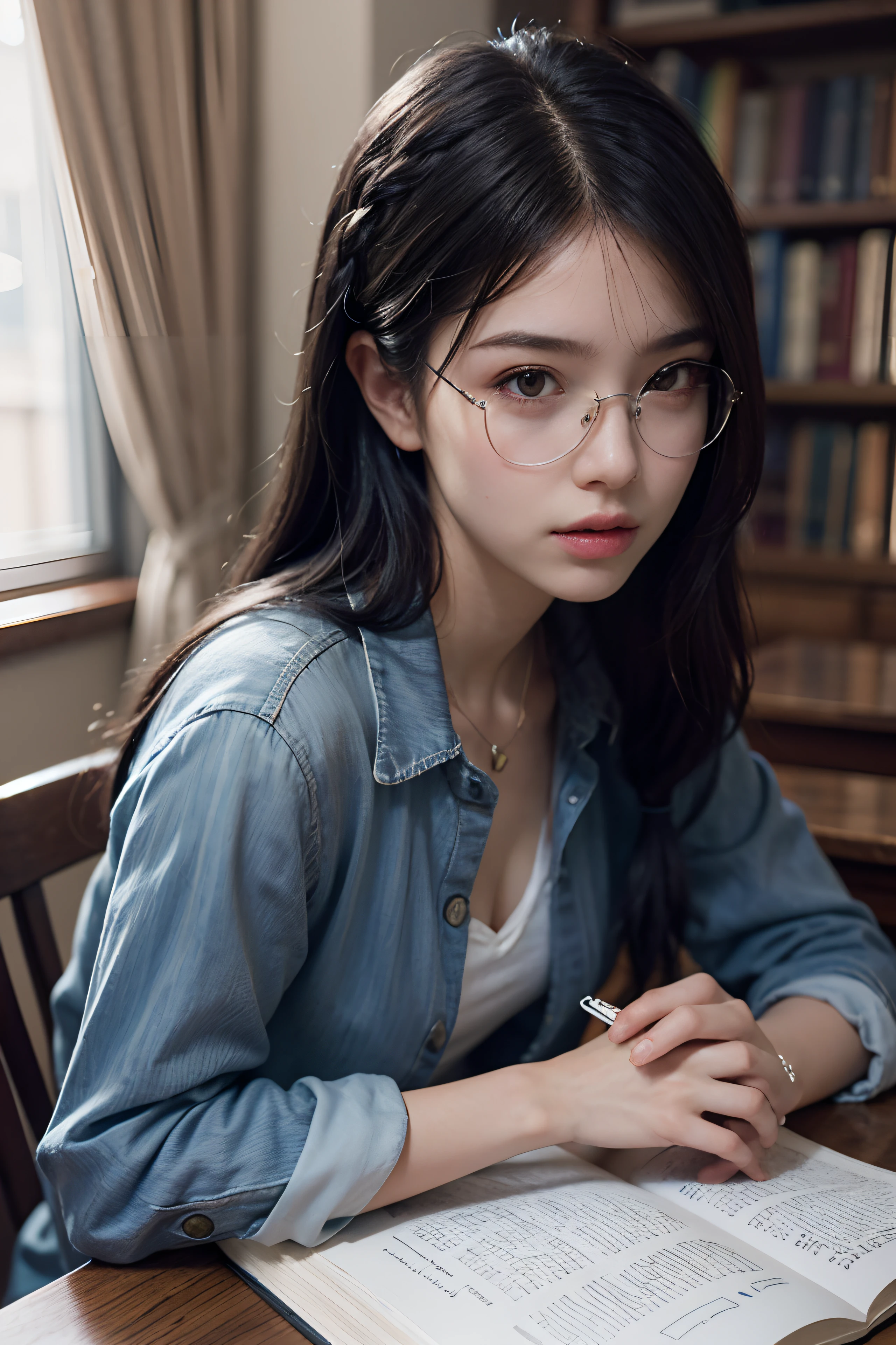 (skindentation:1.5), Realistic, Photorealistic, (masterpiece:1.5), concept art, intricate details, highly detailed, photorealistic, octane render, 8k, unreal engine, dynamic pose, best quality, highres, (realistic face:1.1), (hyperrealistic:1.1), ((full_body)), perfect eyes,(shiny skin:1.2), (((hairstyle))), (((perfect hands))), (extremely detailed background), ((dynamic background)), ((lightning)), (light rays), ((1girl)), (8k, RAW photo:1.2), dramatic angle, (fluttered detailed color splashs), (illustration), (((1 girl))), medium length black hair, (braided ponytail), thin frame glasses, thinking face, (wearing close button shirt), sitting at desk, studying, holding book, books, in classroom, wall decor, mini library, glass window, wall clock, cinematic light, photorealistic, masterpiece, best quality, complex CG, high detailed face, high detailed eyes