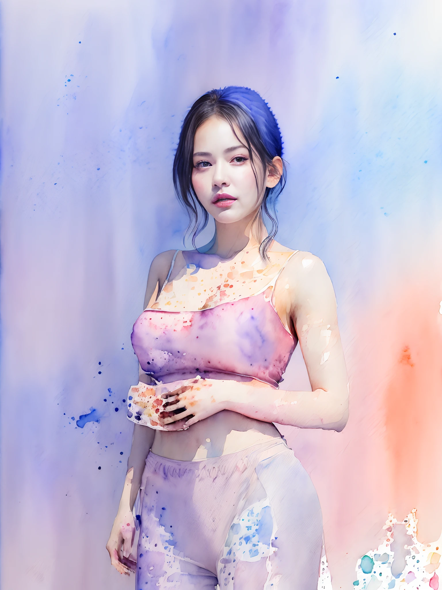 (Watercolor style:1.85),Young Sensual Gravure Idol、beautiful girls face、Young cute gravure idol、奈良美智、Young Gravure Idol、If々Japan Girl、Close up of Rain Iwakura、Pull Shorthair、Photos taken with Sony A7R,undergarment:1.3,(huge-breasted:1.2),((Top image quality、8K、masuter piece、:1.3))、Super fine face、Ultra Fine Lips、Fine Eye、二重まぶた、full body Esbian、Ultra-fine lips、Breakdown、二重まぶた:1.2(Photorealsitic、Raw photography、top-quality:1.4)、Al Eyes、beautidful eyes、(real looking skin)、Beautiful skin、The ultra -The high-definition、the golden ratio、(1 girl in)、