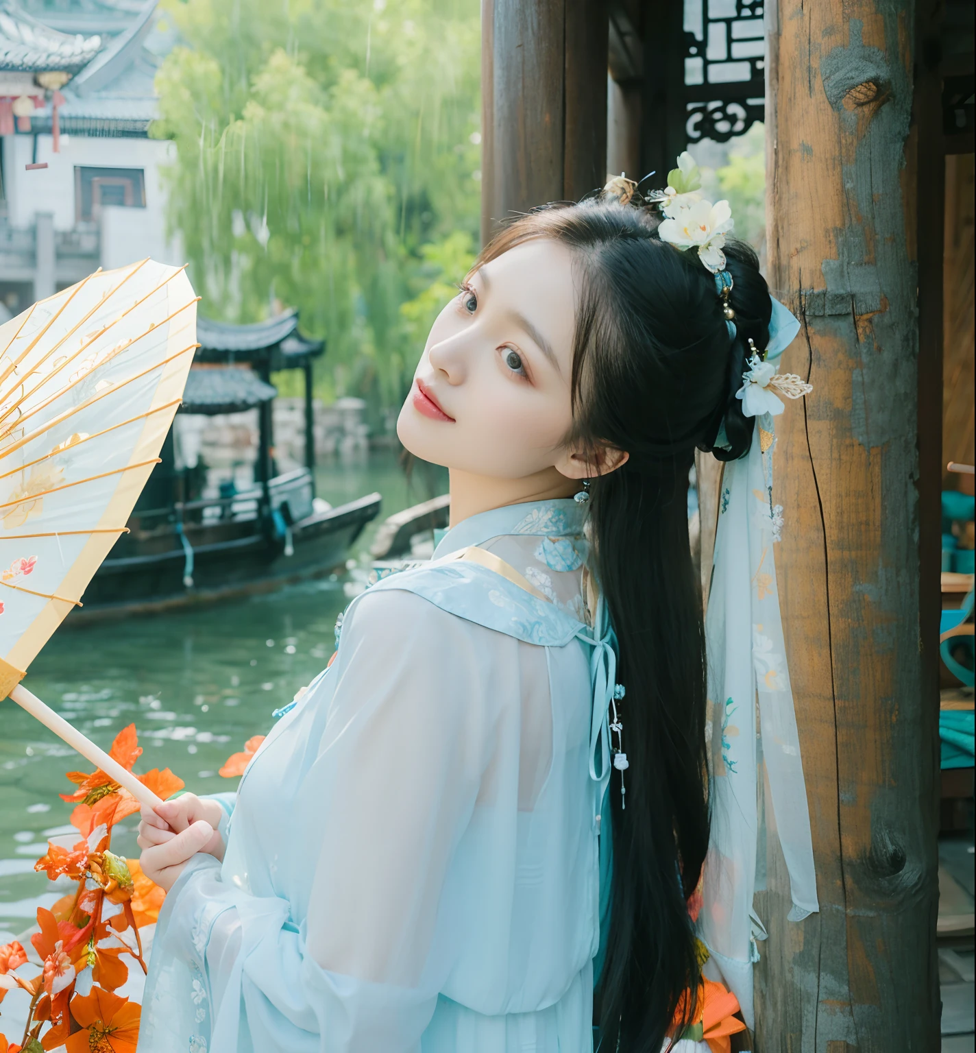 An Asian woman in traditional dress holds an umbrella, Palace , A girl in Hanfu, Hanfu, Wearing ancient Chinese clothes, White Hanfu, Traditional Chinese clothing, Chinese girl, Chinese woman, Chinese traditional, with acient chinese clothes, Chinese style, China Princess, Chinese costume, Princesa chinesa antiga, A young Asian woman, Traditional beauty