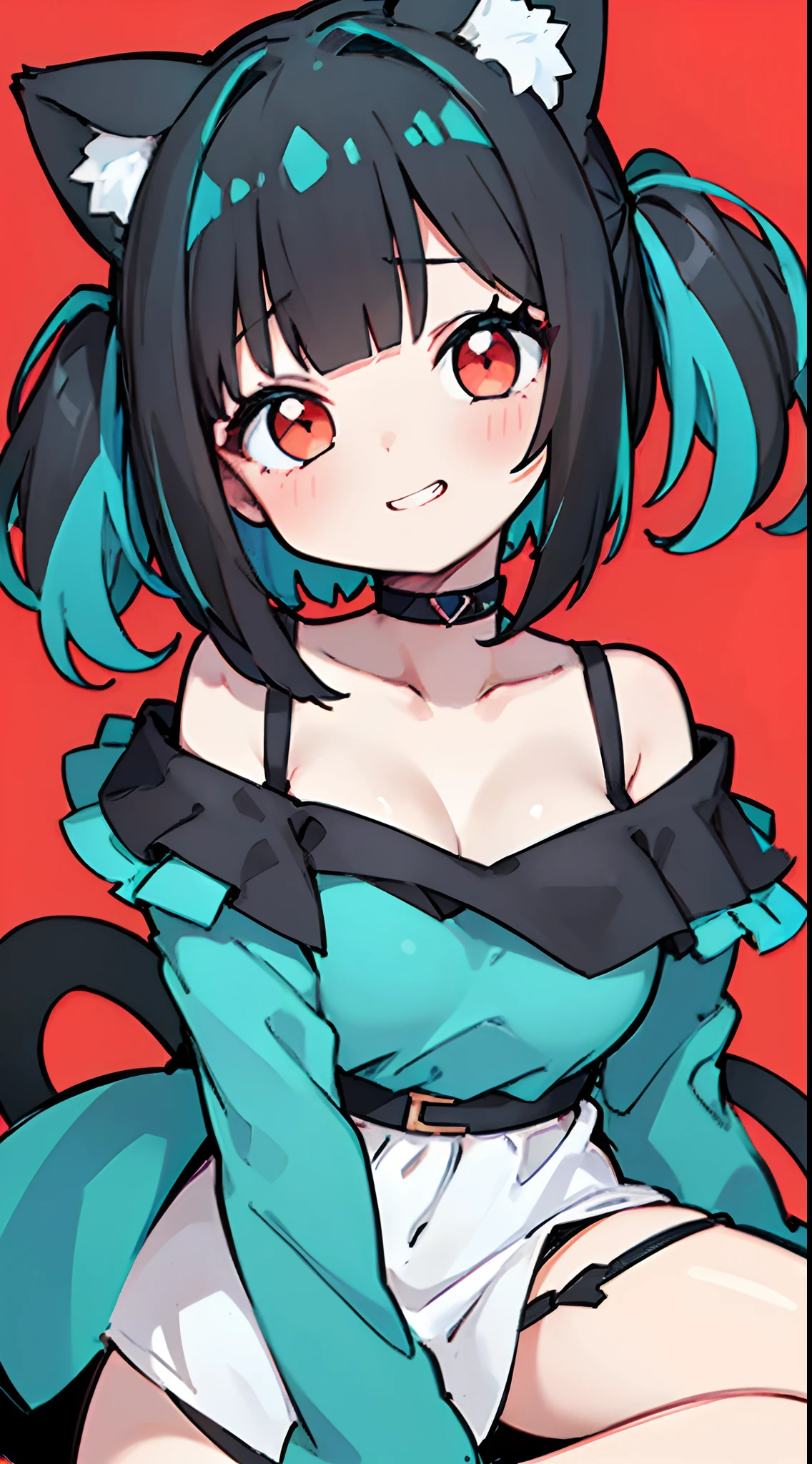 close-up portrait of ((solo 1girl, nekomimi)), ((short black hair in a wavy bob-cut with turquoise highlights)), big grin, side glance, masterpiece, red eyes, (simple plain background), (asymmetrical off-shoulder dress), head tilt, vivid colors