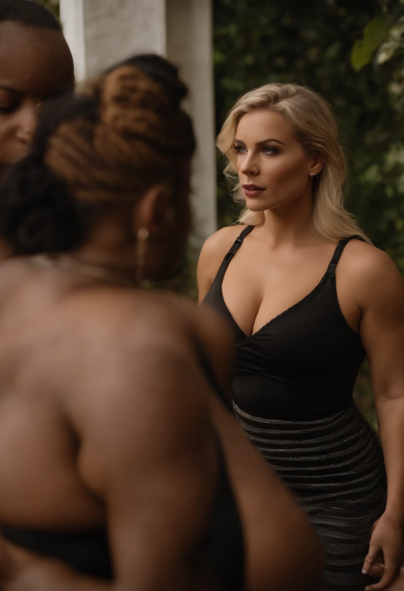 A hot blonde married woman with a big sexy ass gets forced to strip for a group of butch black lesbian women, (big ass), sexy, detailed, (NSFW)