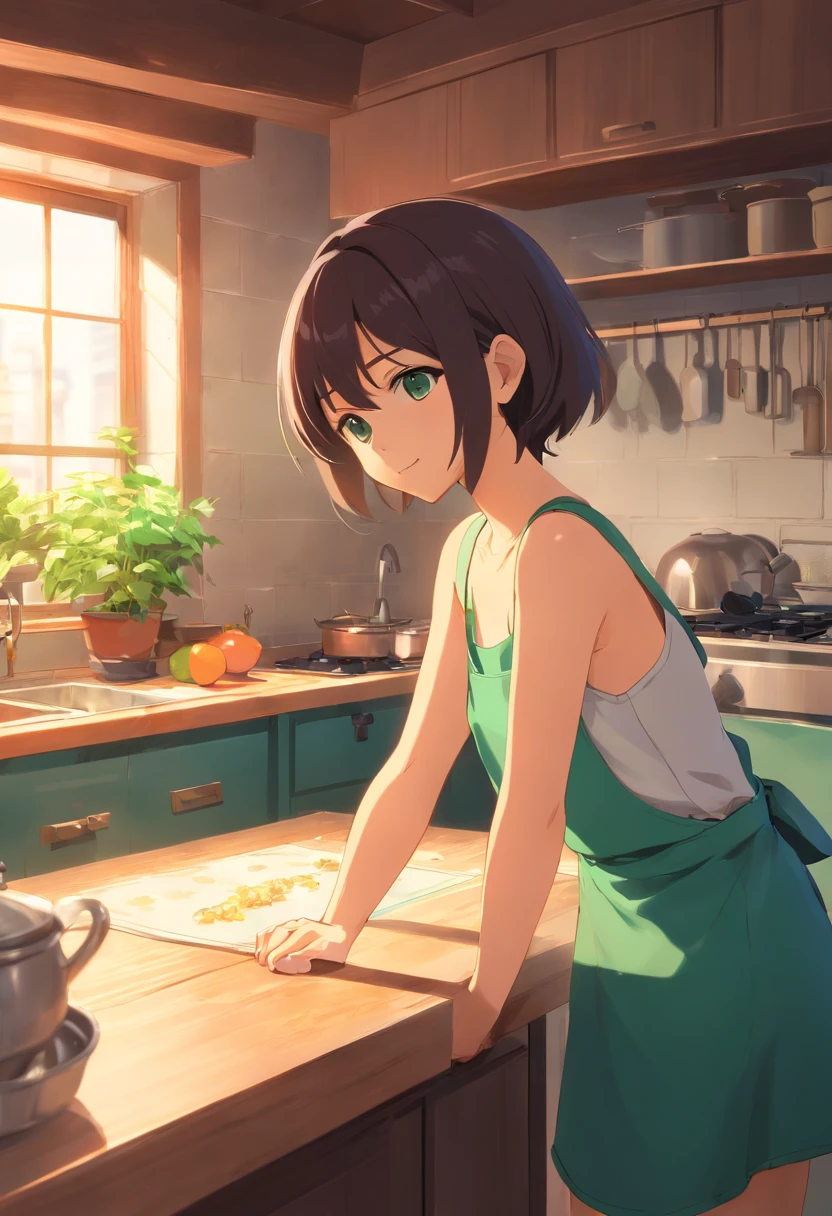 In a well-lit kitchen，faucet、The dining table style is simple，(Clean small pot:1.2)，saucer，green onion、AngelT