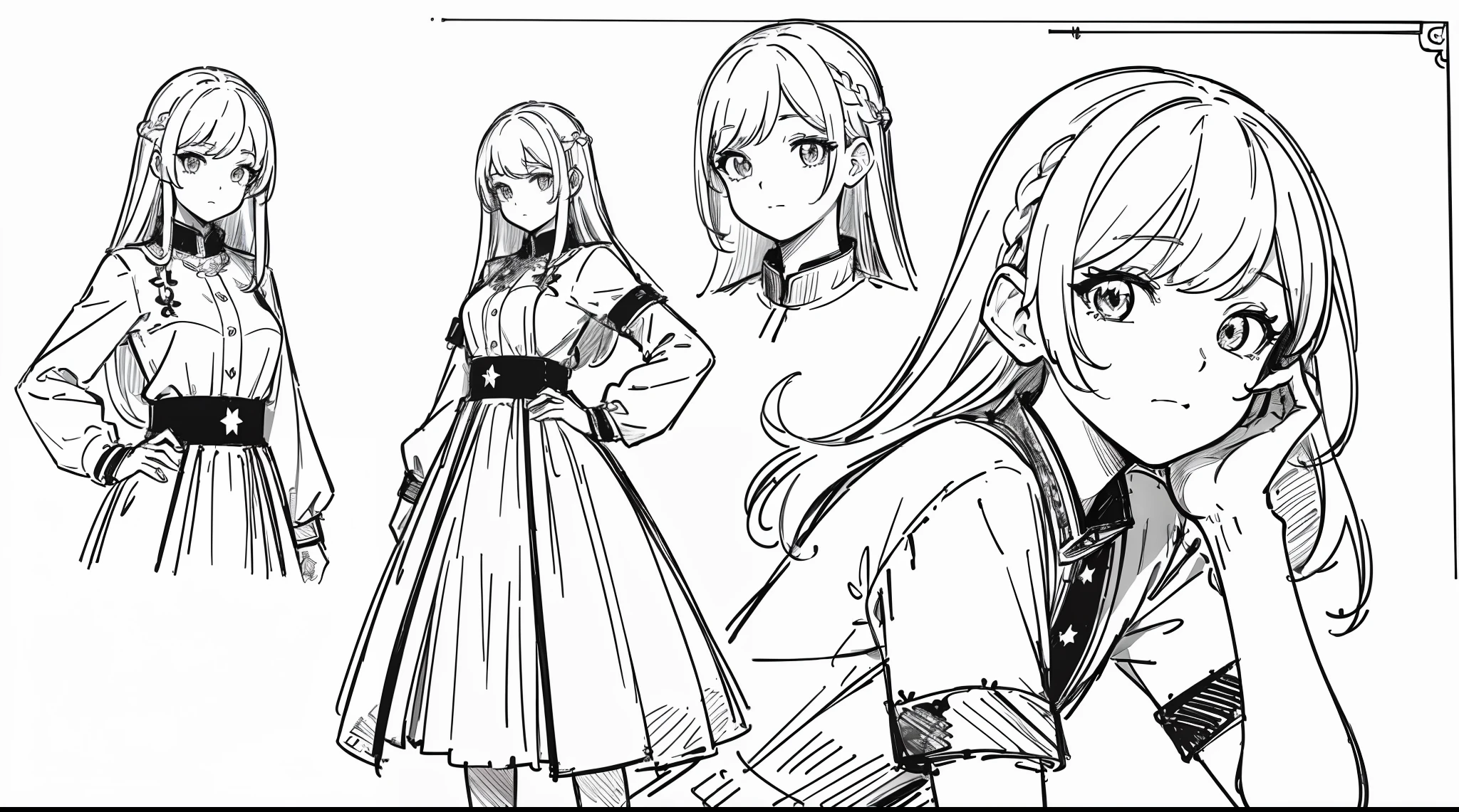 ((masterpiece)),(((best quality))),((((sketch)))),((monochrome)),(character design sheet), same character, front, side, back), illustration, 1 girl, hair color, bangs, hairstyle fax, eyes, environment change scene, Hairstyle Fax, Pose Zitai, Female, Shirt Shangyi, Star, Charturnbetalora, (simple background, white background: 1.3), --6