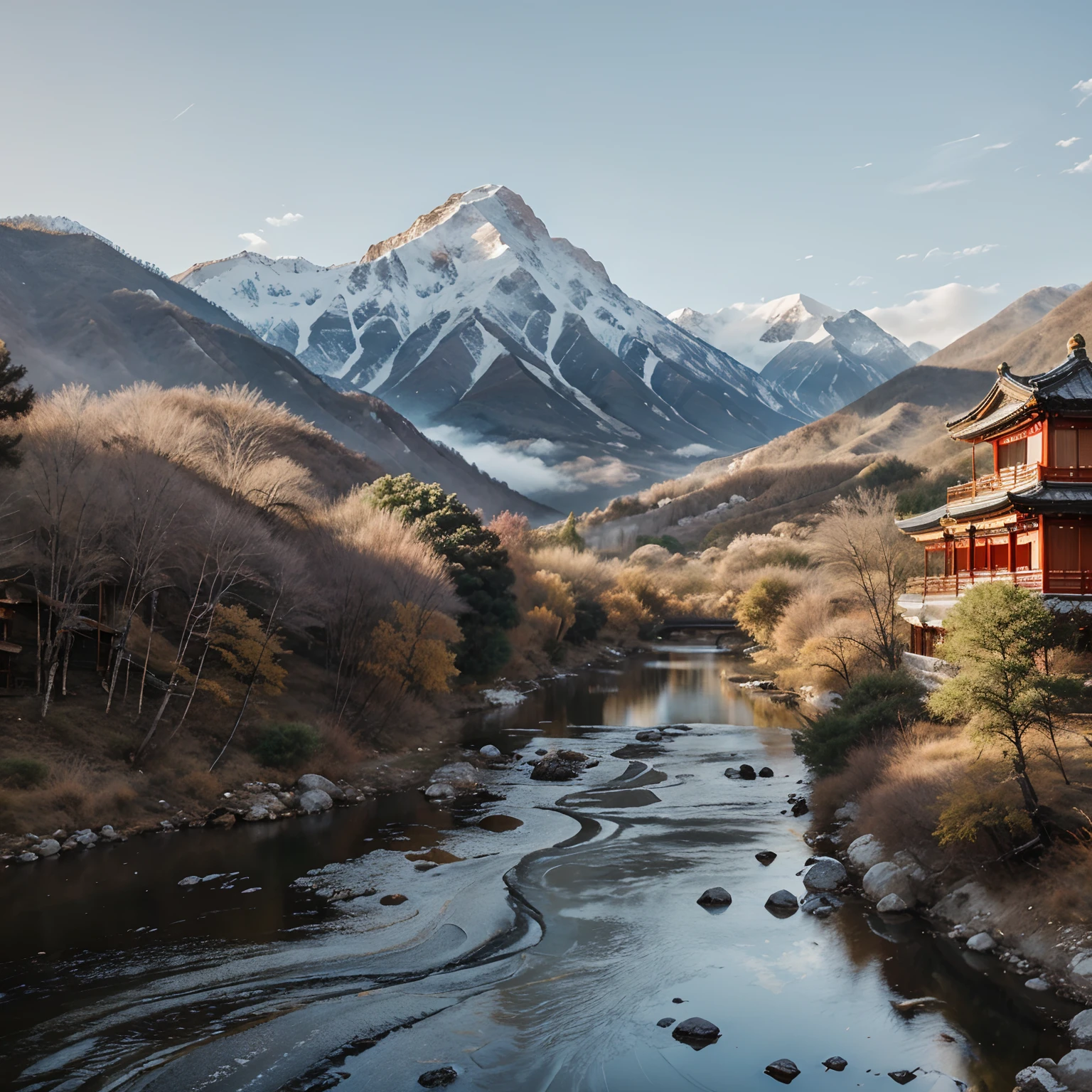 Chinese Brush Painting: A serene landscape with mountains and a flowing river.
--ar 16:9