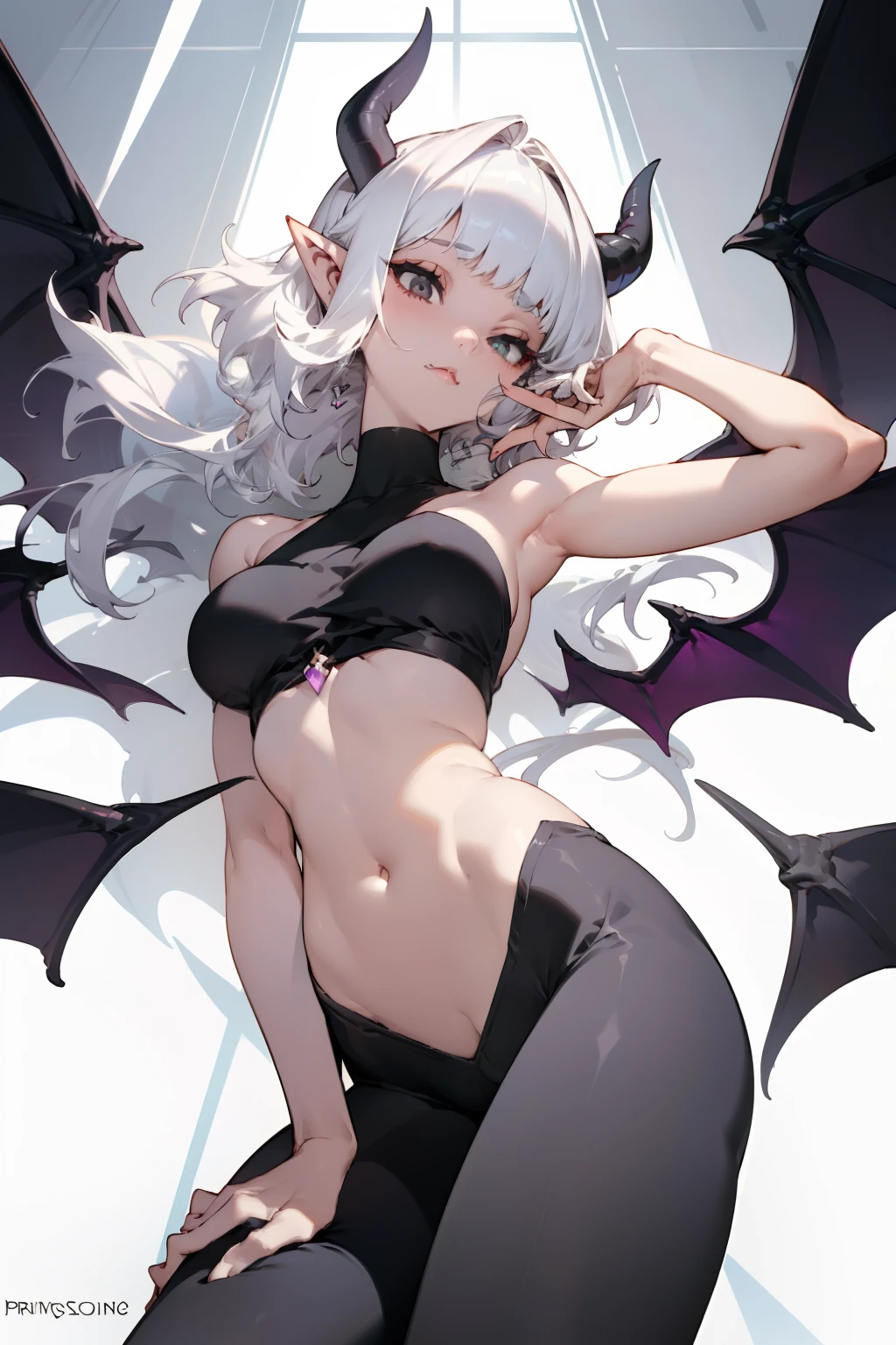 pointy ears,White color hair,Bigboobs,Two legs(Princess cut hairstyle),short detailed hair,Sideburns have long hair,succubi,have demon wings,upper legs,Yoga pants for,Bandeau,(spread their legs),((inner thigh)),