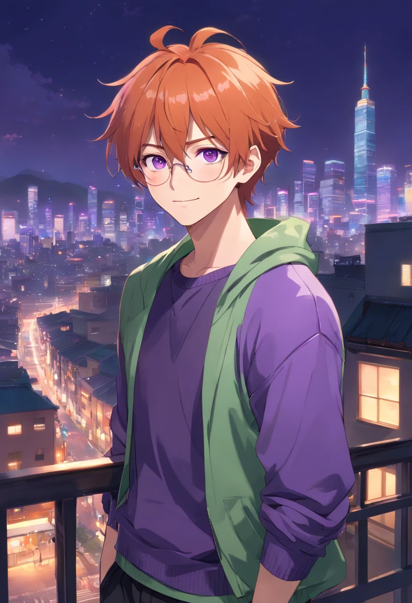 ((highest quality, masterpiece, 4k, finely detailed, detailed eyes, detailed face, gelbooru, pixiv, warm lighting)), ((solo)), 1 male, handsome, male, adult male, older face, broad shoulders, closeup of face, ((red hair up to shoulder)), looking at the viewer ((lazy eyes, semi-eyelids, tired eyes, bags under eyes, purple eyes)), (green cropped sweater, black shorts), ((orange hair, long length hair, messy hair), standing, city background, night, freckles, ear piercings, anime version, grown man, cat ears, glasses, smile, friendly