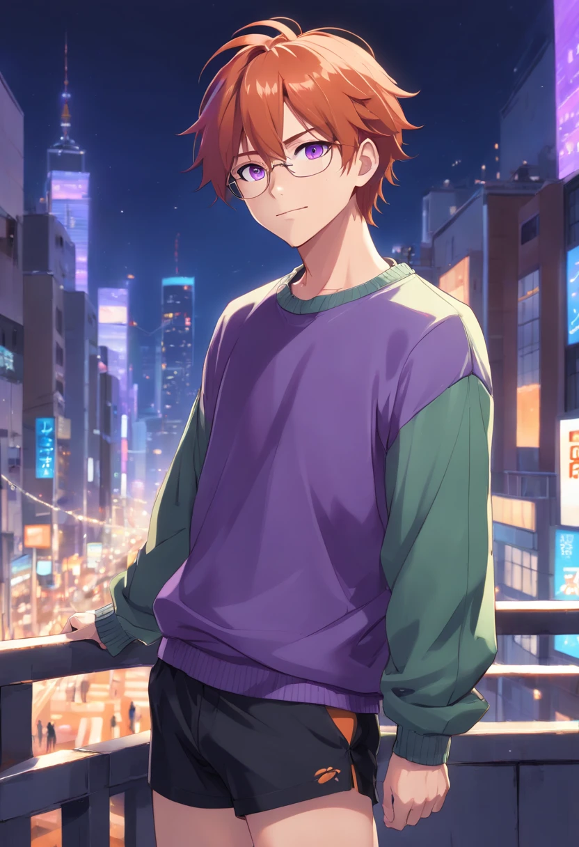 ((highest quality, masterpiece, 4k, finely detailed, detailed eyes, detailed face, gelbooru, pixiv, warm lighting)), ((solo)), 1 male, handsome, male, adult male, older face, broad shoulders, closeup of face, ((red hair up to shoulder)), looking at the viewer ((lazy eyes, semi-eyelids, tired eyes, bags under eyes, purple eyes)), (green cropped sweater, black shorts), ((orange hair, long length hair, messy hair), standing, city background, night, freckles, ear piercings, anime version, grown man, cat ears, glasses, smile, friendly