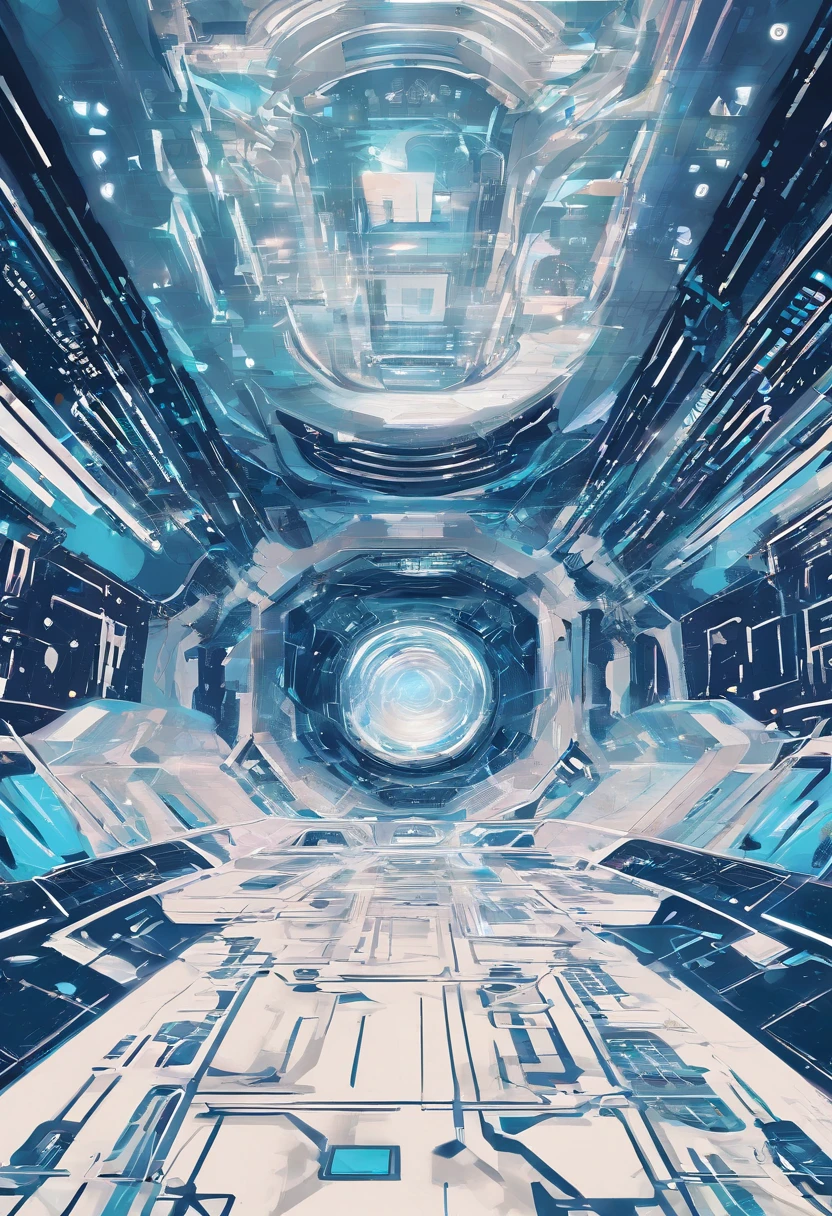 Space-time tunnel，square shapes，geometric figure，Through, science fiction digital painting, science fiction digital painting,sci fi background, Cyberpunk background, Science-fi digital art illustration, futuristic environment, ，blue colors，neonlight，mirai，electrons