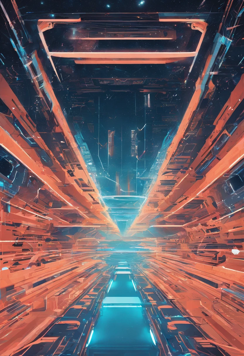 Space-time tunnel,square shapes,geometric figure,Through, science fiction digital painting, science fiction digital painting,sci fi background, Cyberpunk background, Science-fi digital art illustration, futuristic environment, ,blue colors,neonlight,mirai,electrons