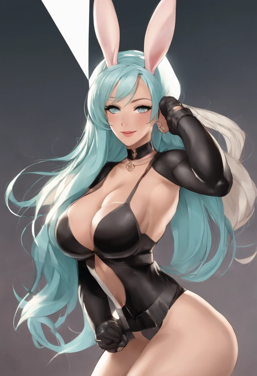 abs, animal ears, aqua hair, big breasts, big nipples black legwear, bunny ears, bunnysuit, cleavage, curvy, detached collar, erect nipples, female, female only, happy, hourglass figure, huge breasts, light skin, light-skinned female, long hair, looking at viewer, muscular, muscular female muscular thighs, nipples, nipples visible through clothing, playboy bunny pose, posing, rabbit ears shiny skin, smile, wrist cuffs breasts bigger than head, small waist, large hips, female abs