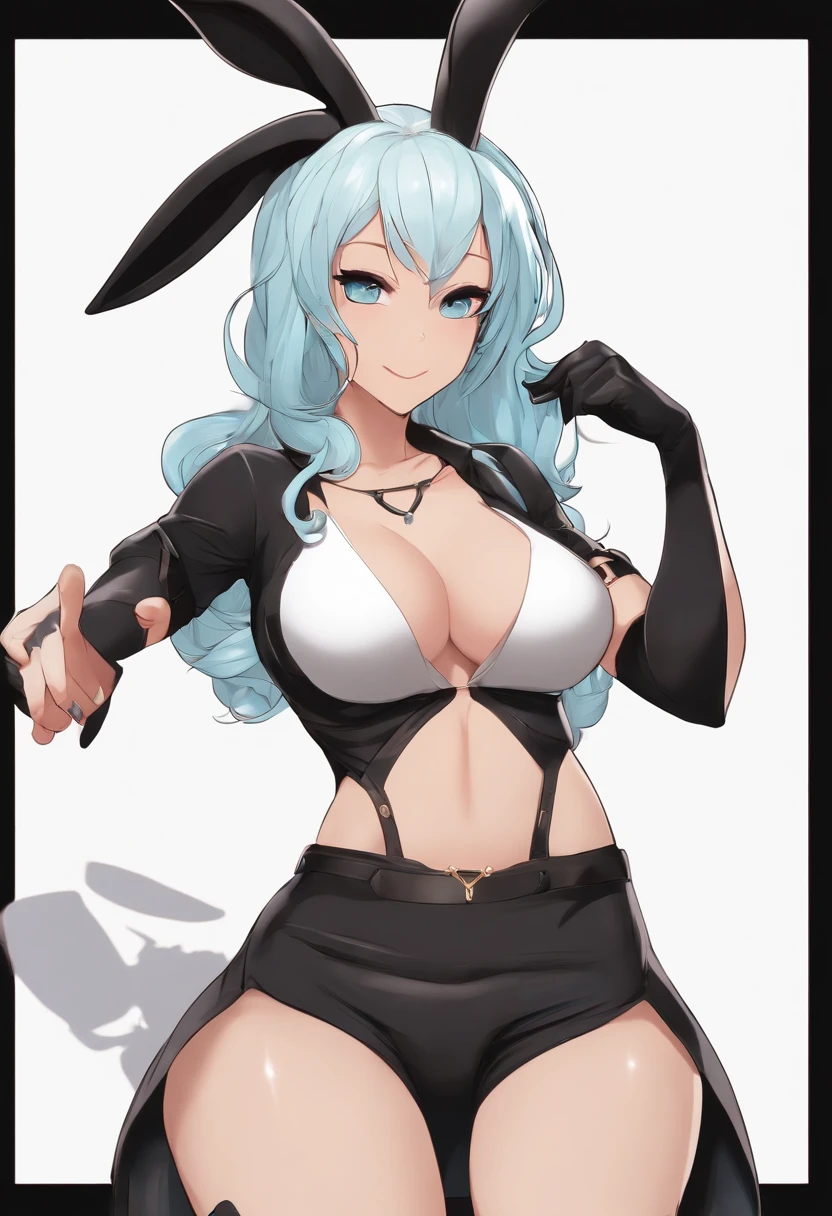 abs, animal ears, aqua hair, big breasts, big nipples black legwear, bunny ears, bunnysuit, cleavage, curvy, detached collar, erect nipples, female, female only, happy, hourglass figure, huge breasts, light skin, light-skinned female, long hair, looking at viewer, muscular, muscular female muscular thighs, nipples, nipples visible through clothing, playboy bunny pose, posing, rabbit ears shiny skin, smile, wrist cuffs breasts bigger than head, small waist, large hips, female abs