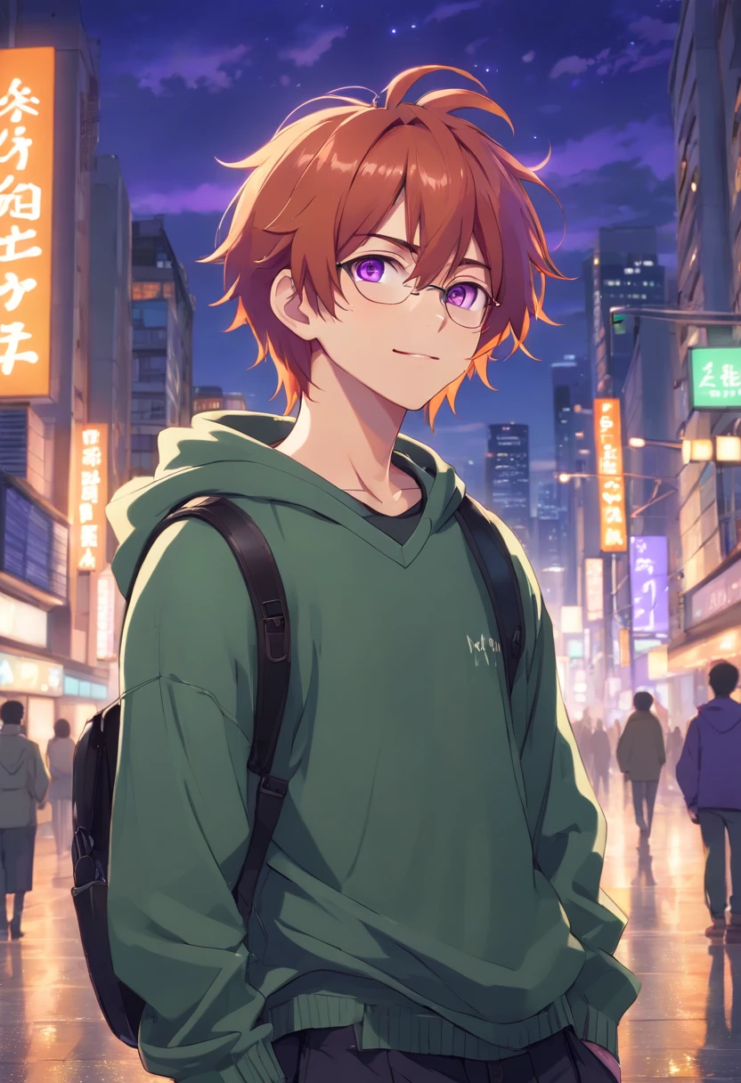 ((highest quality, masterpiece, 4k, finely detailed, detailed eyes, detailed face, gelbooru, pixiv, warm lighting)), ((solo)), 1 male, handsome, male, adult male, older face, broad shoulders, closeup of face, ((red hair up to shoulder)), looking at the viewer ((lazy eyes, semi-eyelids, tired eyes, bags under eyes, purple eyes)), (green cropped sweater, black shorts), ((orange hair, long length hair, messy hair), standing, city background, night, freckles, ear piercings, anime version, grown man, cat ears, glasses, smile, friendly