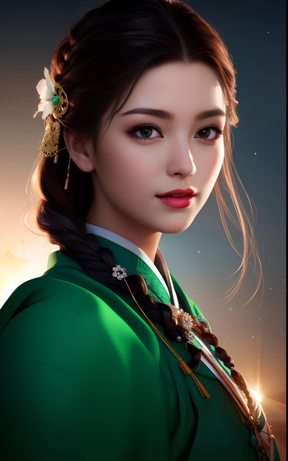 best quality, masterpiece, night, full moon, 1 girl, mature woman, Chinese style, ancient China, sister, imperial sister, smile, dark brown hair, dark hair, princess cut, a Fried Dough Twists braid, coiled hair, double ball head, light pink lips, calm, intellectual, middle hair, green eyes, hairpin, hydrangea, fine face, facial close-up, hand close-up, green clothes,Beautiful face,upon_body,photorealistic, rim lighting, two tone lighting,(high detailed skin:1.2), 8k uhd, dslr, soft lighting, high quality, volumetric lighting, Photograph, high resolution, 4k, 8k, Bokeh