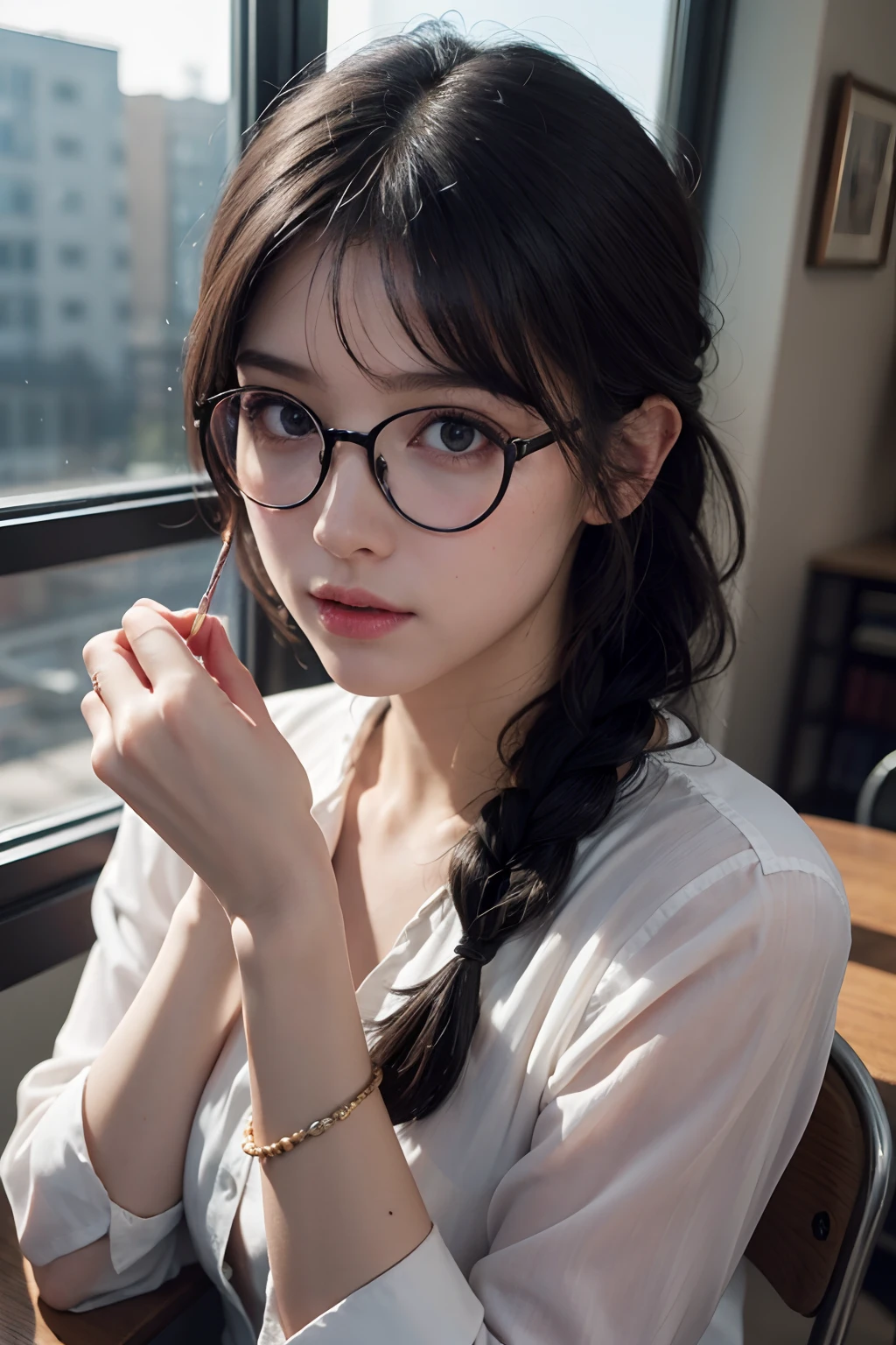 ((japanaese girl)), 8K, Raw photo, Best Quality, ultra-detailliert, Ultra High Resolution, Realistic, photographrealistic, high-definition RAW color photography, professional photograpy, Extremely detailed, 8K Wallpaper, amazing, finely detail, Huge file size, extra detailed face, extremely detailed eye, highlydetailed skin, extremely detailed fingers, highly detailed nose, highly detail mouth, Perfect Anatomy, Highly detailed background, Realistic body, Good figure, blown hair, (Medium Hair), Cute face, Photography, (Happy smile), Perfect Skin, Perfect Anatomy, Large breasts, (Round glasses), (Off-the-shoulder high-neck knit), (Mole), ((down town)), high-angle shot, swept bangs, Full body shot,