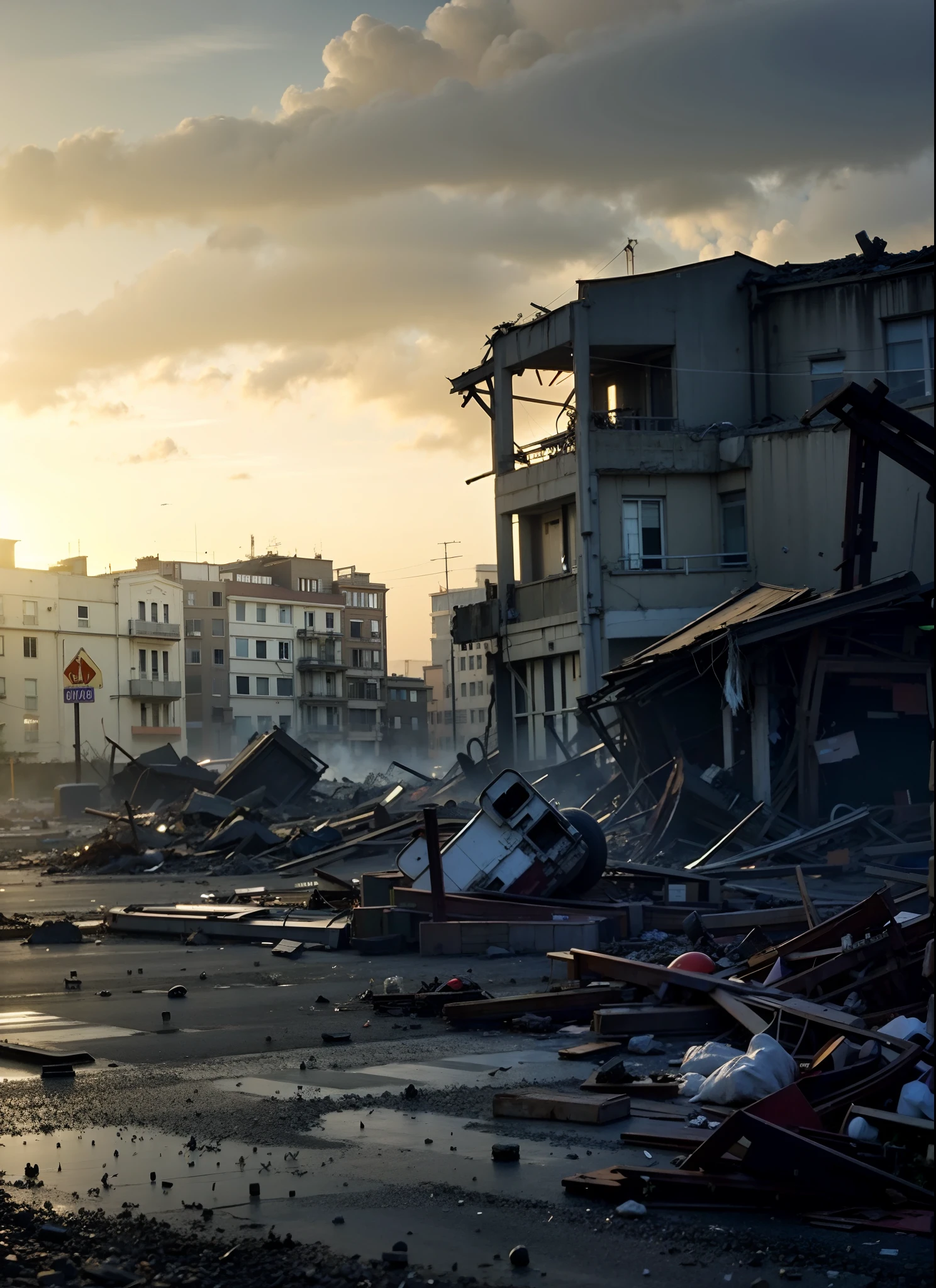 Wrecked City, Debris by the street Destroyed city in the background, realistic apocalyptic war scene, paisagem urbana arruinada