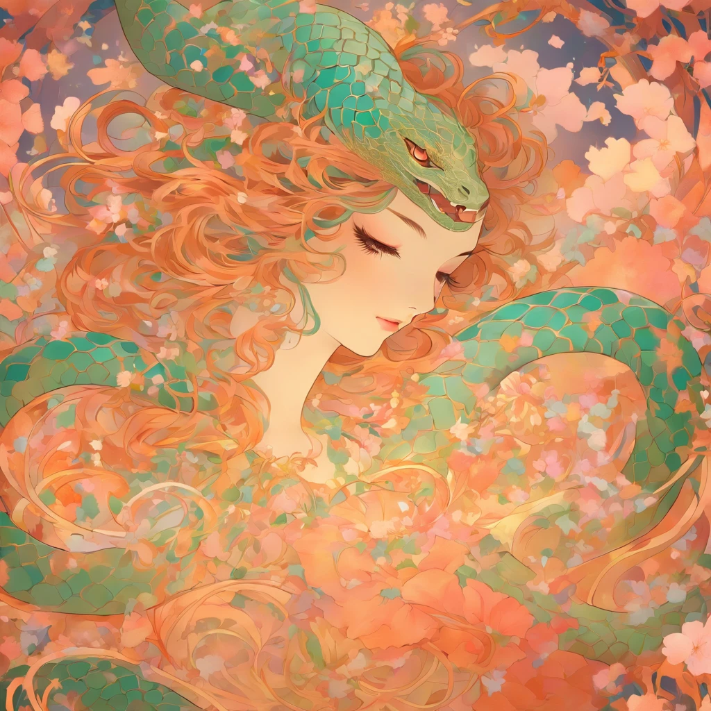 A celestial serpent with tendrils of mist and pearlscent eyes, created in the style of Art Nouveau, featuring intricate line work and organic shapes. The image should be a digital illustration with a dreamlike quality and vibrant colors, reminiscent of Alphonse Mucha's artwork. The serpent should be depicted in a graceful pose, coiling around itself, with a serene expression on its face. The background should be a soft gradient of pastel colors, creating a sense of ethereal beauty.