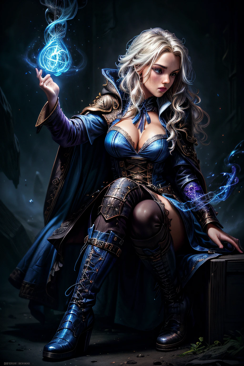 fantasy art, steampunk art, RPG art, photograph, RAW, , Best Detailed, picture of a woman wizard, manipulating magical blue fire, extremely beautiful woman (best Detailed, Masterpiece, Hyperrealistic: 1.5) blond hair, rich hair, wavy hair, dynamic eyes color, wearing black and white dress, wearing white cloak, wearing pantyhose, wearing high heeled boots, laces boots, make up, steampunk background, ultra best realistic, best details, best quality, 16k, [ultra detailed], masterpiece, best quality, (extremely detailed), ultra wide shot, photorealism, depth of field, hyper realistic painting, GlowingRunes_purple, blue fire