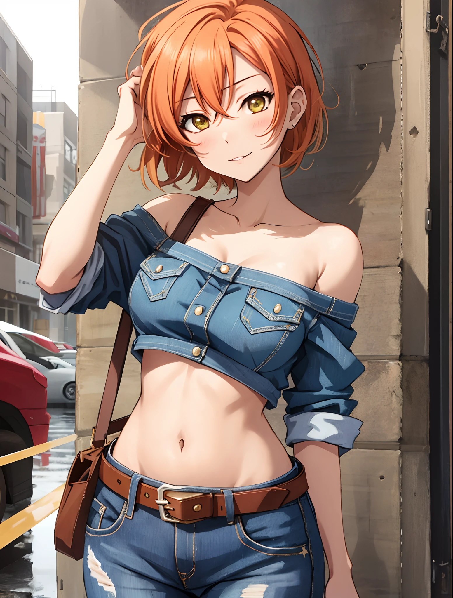 Hoshizora rin, Best Quality,(beauty), 1girl,phisically-based render ,ultra highres,(cowboy shot:1.5),narrow waist, skinny, big eyes,long legs,torn jeans,leather belt,small breasts,puffy eyes, leather belt,(rainy city), shiny skin, facing viewer, Victory posture,(midriff:0.7), sweating, flying sweat drops,off shoulder top,bra straps