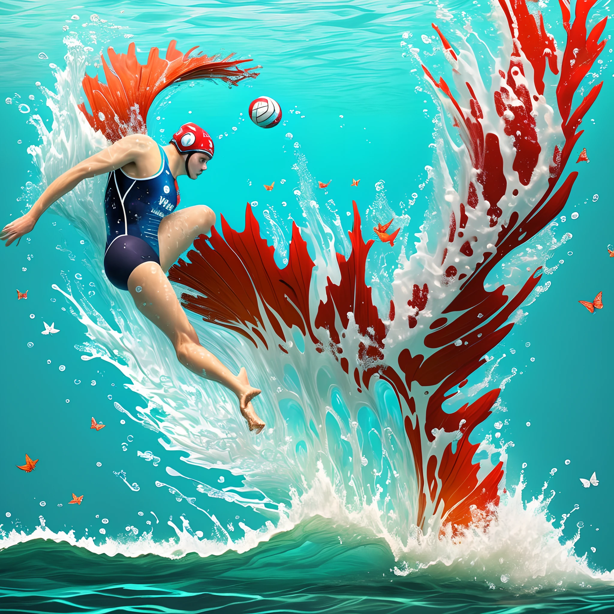 I'm looking for a simple t-shirt design that combines elements of water polo and swimming. The design should feature a water polo player in action, shooting the ball, and a swimmer doing the butterfly stroke while riding a wave. It should include the text 'Saints Aquatics' and use the school colors, which are red, white, and blue. Please create a visually appealing design that showcases both sports in a harmonious way