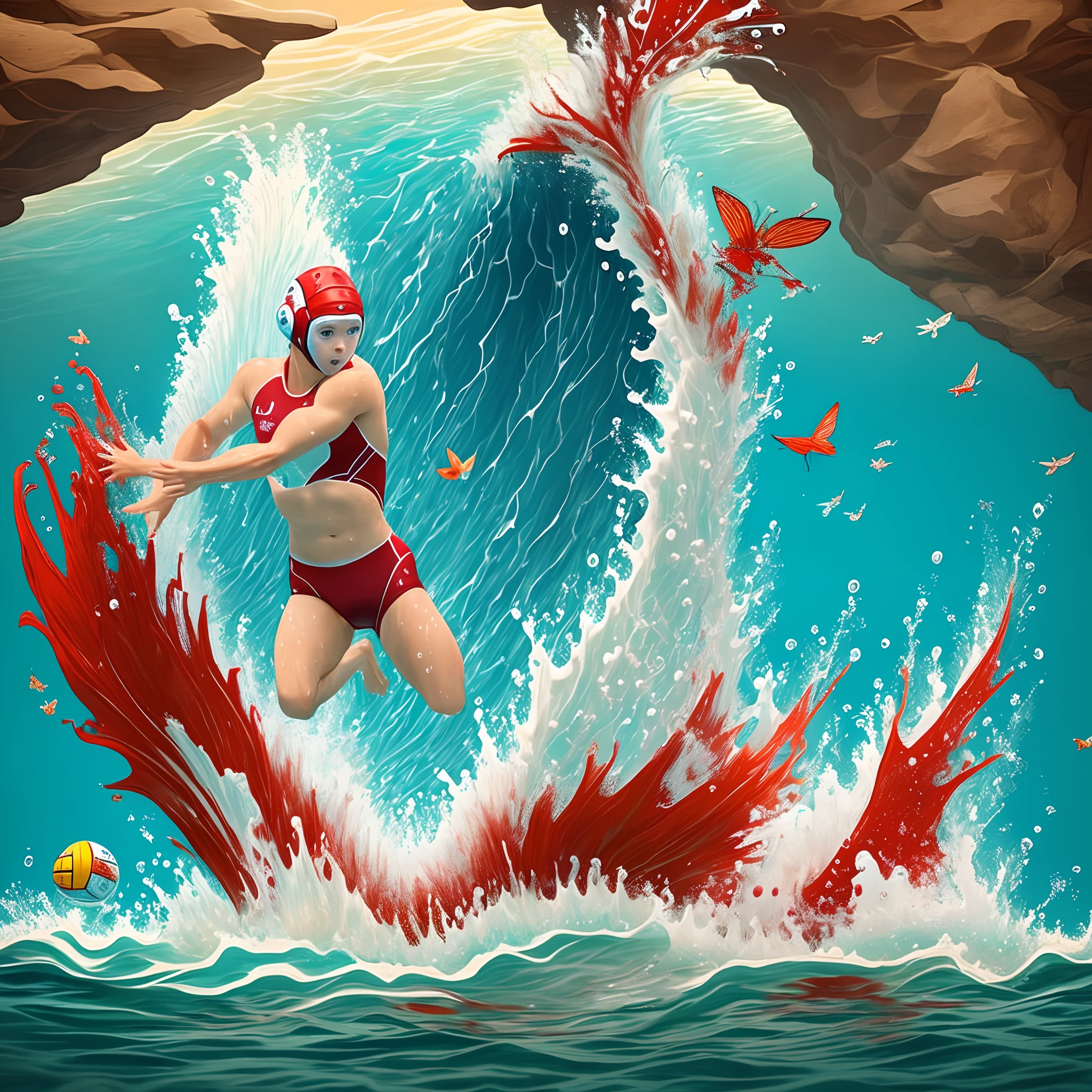 I'm looking for a simple t-shirt design that combines elements of water polo and swimming. The design should feature a water polo player in action, shooting the ball, and a swimmer doing the butterfly stroke while riding a wave. It should include the text 'Saints Aquatics' and use the school colors, which are red, white, and blue. Please create a visually appealing design that showcases both sports in a harmonious way