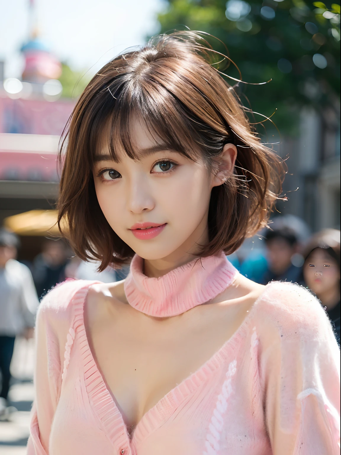 ((((top-quality))))、(((Ultra Precision CG16K Wallpapers)))、(((​masterpiece)))、(((ultra-detailliert)))、(((Ultra-extreme details)))、One woman、a matural female、24-year-old woman、((Japanese face))、((extremely beautiful face))、((assist々Kiki:1.8))、((bob cuts:1.2))、(curly hair)、Bangs up to the eyebrows、Beautiful brown hair、Beautiful delicate eyes、Brown eyes、lofty nose、small nostrils、seductive lips、Beautiful breasts、C-cup size breasts、cleavage of the breast、perfectly proportions、perfect anatomia、Beautiful and detailed shading、Beautiful natural lighting、Beautiful detail glow、depth of fields、(((a high chroma)))、((realisitic:1.9))、((Vivid：1.4))、((Beautiful skin))、((Skin texture))、perfect-composition、((a closeup))、((Angle from the front))、((a smile))、(Staring eyes)、Bright sunshine、((Stand at Tokyo Disneyland))、(Background blur)、((Pink cashmere sweater:1.5))、(shortsleeves)、(Silver Necklace)、