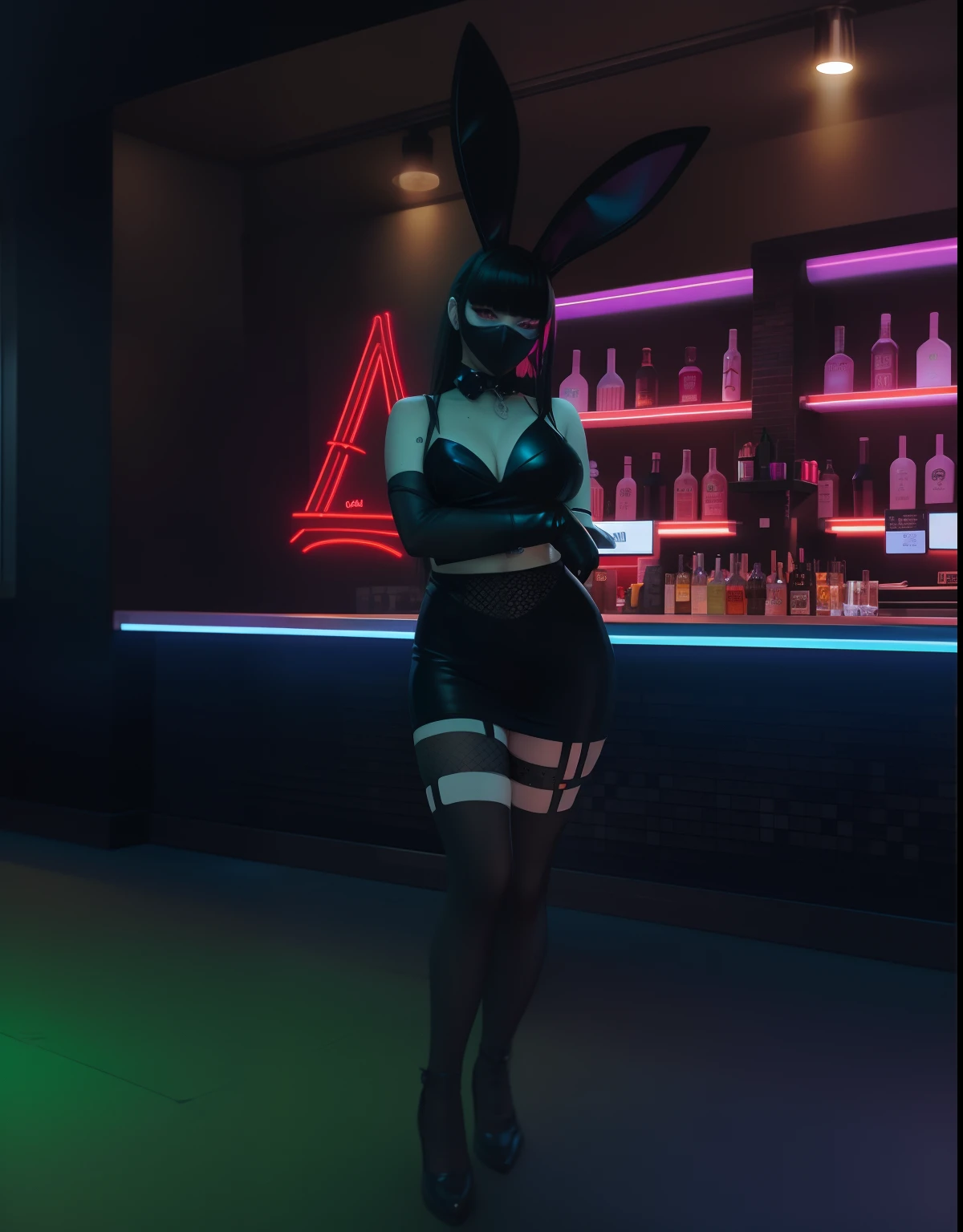 there is a woman in a bunny costume standing in front of a bar, in a bar, at a bar, bunny girl, wearing cybernetic bunny ears, sitting at the bar, very smoky cyberpunk paris bar, bunnypunk, in a nightclub, drinking at the bar, standing in a starbase bar, cyberpunk nightclub, cyberpunk strip clubs, in the pub