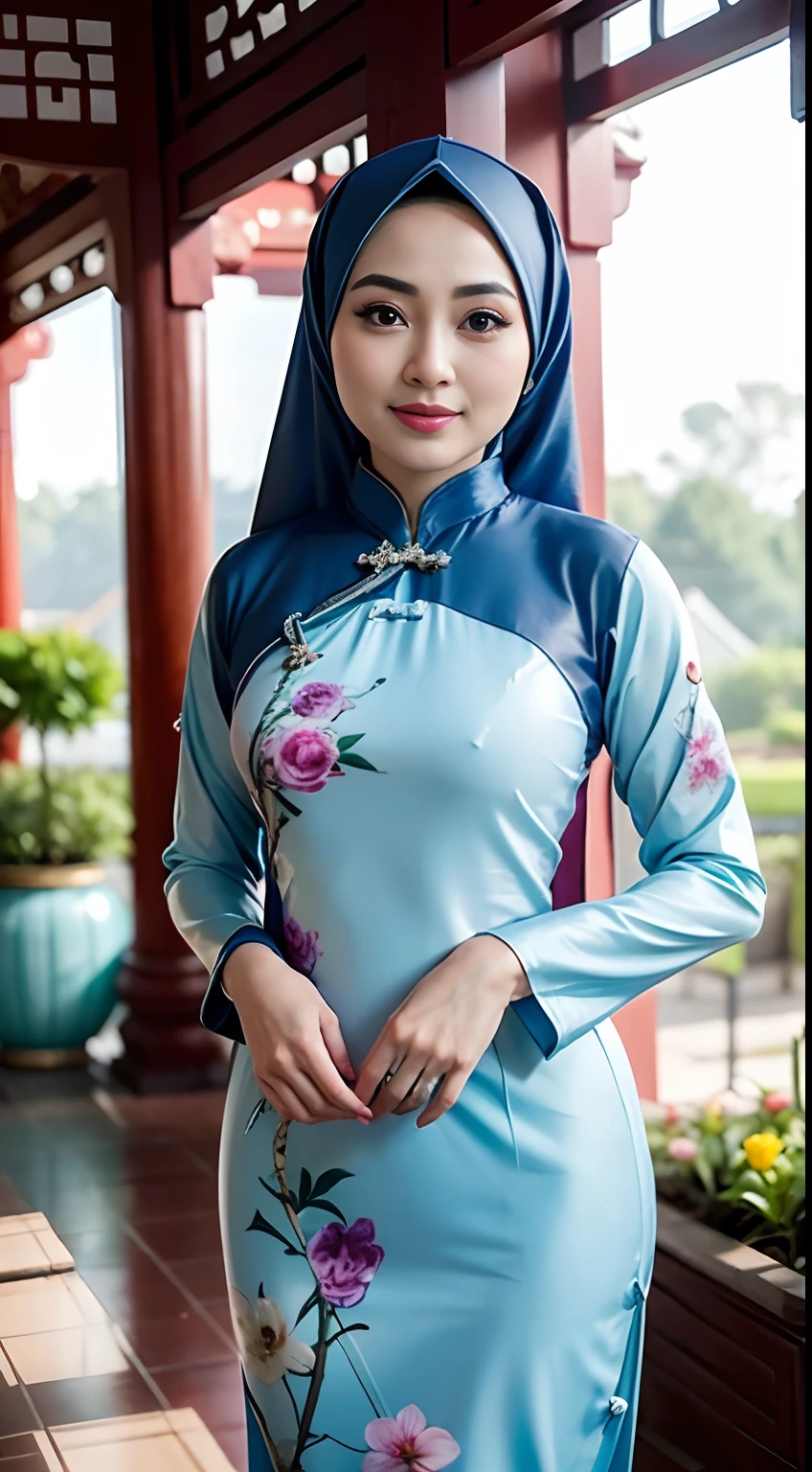 RAW, Best quality, high resolution, Masterpiece: 1.3), 1 Beautiful Malay woman in hijab, Masterpiece, Perfect slim body, ((Big breasts)), Beautiful big eyes, watery eyes, big eyes, glossy lips, smilling, ( wearing  Ao Dai:1.5)、(rot),soft smiling、Black eyes,Exquisiteface、perfectly proportions、Drop-shaped chest、Constriction、Navel、Crotch gap、Reinforced round buttocks、well-shaped neat buttocks、thighs thighs thighs thighs、Sexy Soft Pose、Curved shape、beautiful curves、Elegant and vivid Ao Dai、relax、Flowers blooming around、Complex pattern、Vibrant colors、Garden with colorful flowers、A paradise of natural beauty、A quiet、Gorgeous、 (Depth Fields:1.3), Beautiful flower garden in the background、(the background is blur),,