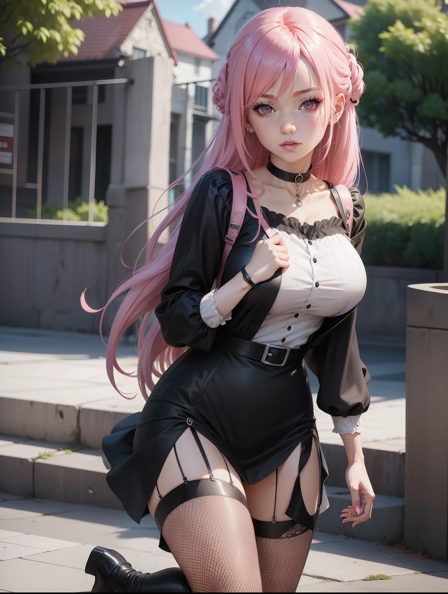 a woman with pink hair is walking down the street, female anime character, anime girl wearing a black dress, official art, gothic maiden anime girl, still from tv anime, official character art, official anime artwork, anime woman fullbody art, official anime still, key anime visual, pretty anime character design, anime character; full body art, anime girl in real life