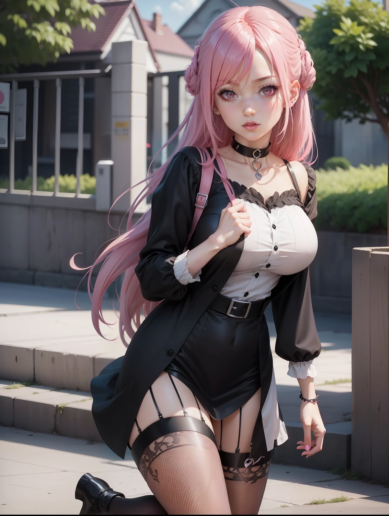 a woman with pink hair is walking down the street, female anime character, anime girl wearing a black dress, official art, gothic maiden anime girl, still from tv anime, official character art, official anime artwork, anime woman fullbody art, official anime still, key anime visual, pretty anime character design, anime character; full body art, anime girl in real life