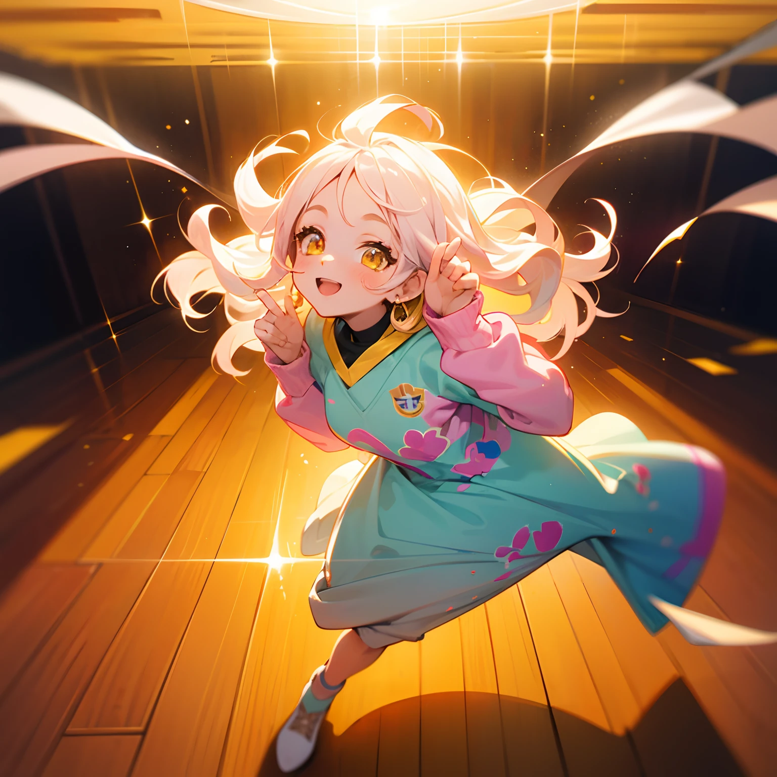 full body, dynamic pose, floor pose, looking up at camera, sneaky expression, golden eyes, girl, platinum white hair, wavy hair, anime style, digital art, happy, happy eyes, hands up, light pink sweatshirt with Neymar Jr print, loish, dazzling, soft light, color blocking in background, splatters of paint,sun glow, back light,
