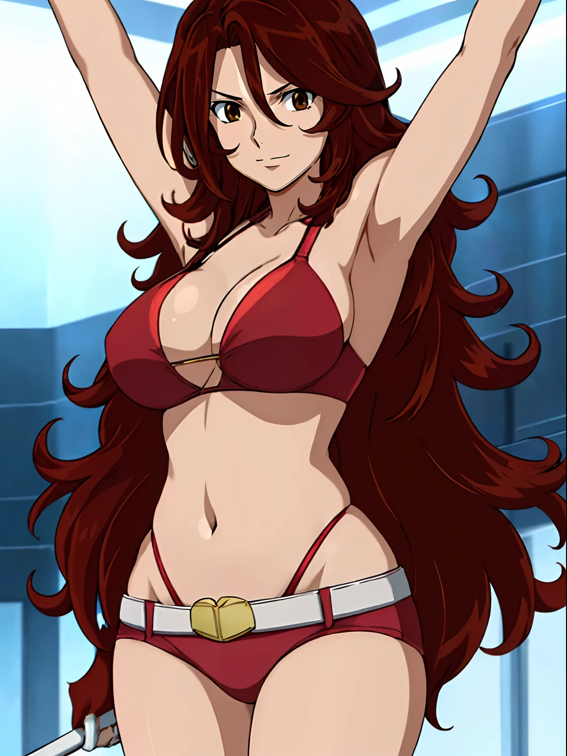 Best Quality, hires, curvy midsection, solo, 1 girl, strong woman, female wrestler, smile, happy), (detailed titration screen, upper body only, anime style: 1.8, anime drawing, ultra detailed face, ultra detailed body, 4k, Sumergai Lee Noriega, (standing), best quality, anime style, hires, highest definition, digital blending, bold drawing lines, ((wwe diva), ((White Background)), ( pro female wrestler, long attractive belly, slim body, (strong arm muscles), broad shoulders , off-shoulders, closed fists, (very curvy: 2.8)), ((elegant red bikini , shorts, white gloves, arm band, arm band, (champion belt))), (pale skin, big breasts, closed mouth), (big eyes, brown eyes, shiny eyes), (), (reddish hair, loose hair, curly hair, wavy hair, long hair, missy hair), 27 years old