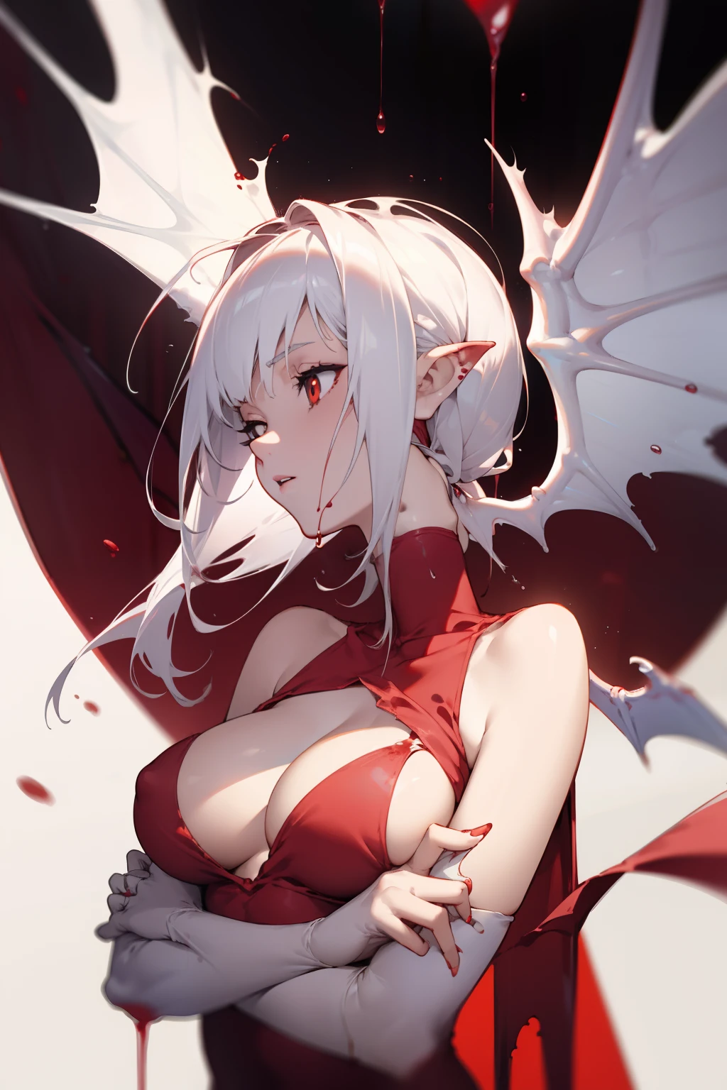 White color hair，succubi，have demon wings，There are wounds on the body，The wound bleeds，Deep V one-piece swimsuit，Bigboobs，Blood droplets splattered，Blood line，Red silk thread