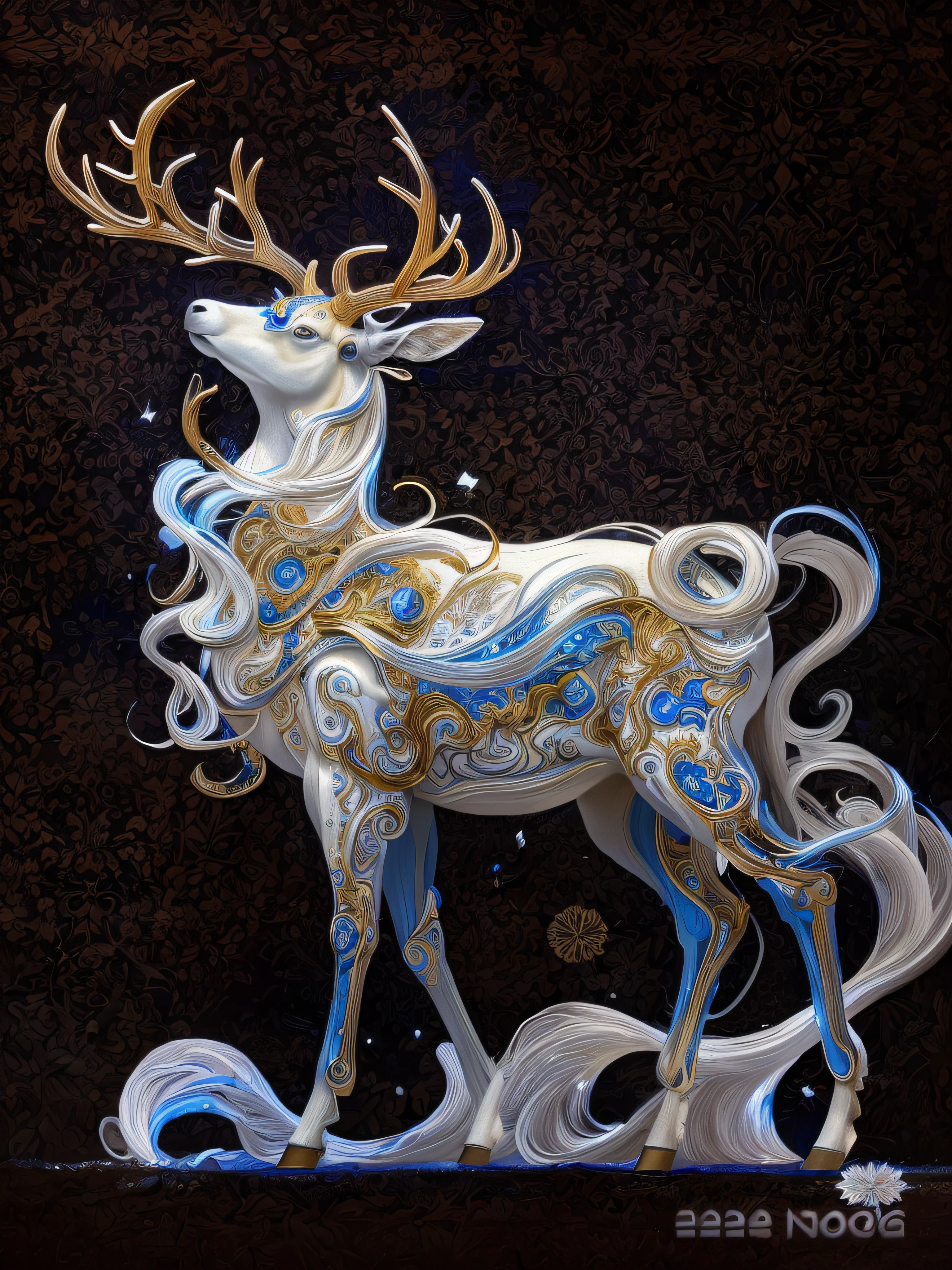 There is a white and blue statue of antlers, Beautiful digital artwork, Exquisite digital illustration, beautiful digital art, mythological creatures, gorgeous digital art, Very Beautiful Digital Art, intricate digital painting, A beautiful artwork illustration, ornate and flowing, elegant digital painting, 8K high quality detailed art, anthropomorphic deer, an anthropomorphic deer