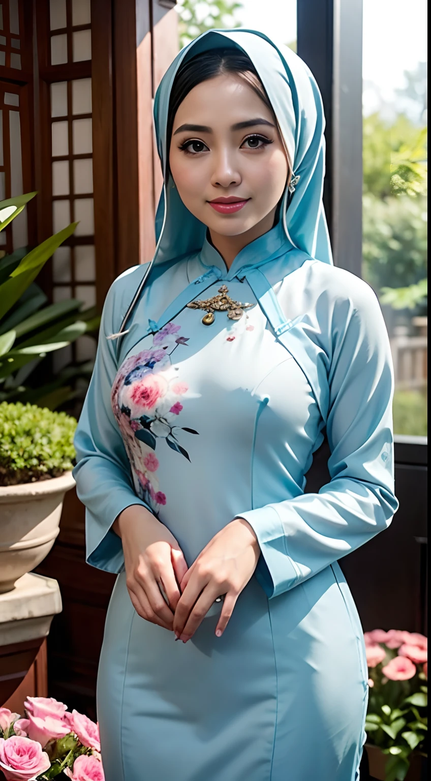 RAW, Best quality, high resolution, Masterpiece: 1.3), 1 Beautiful Malay woman in hijab, Masterpiece, Perfect slim body, ((Big breasts)), Beautiful big eyes, watery eyes, big eyes, glossy lips, smilling, ( wearing Ao Dai:1.5)、(rot),soft smiling、Black eyes,Exquisiteface、perfectly proportions、Drop-shaped chest、Constriction、Navel、Crotch gap、Reinforced round buttocks、well-shaped neat buttocks、thighs thighs thighs thighs、Sexy Soft Pose、Curved shape、beautiful curves、Elegant and vivid Ao Dai、relax、Flowers blooming around、Complex pattern、Vibrant colors、Garden with colorful flowers、A paradise of natural beauty、A quiet、Gorgeous、 (Depth Fields:1.3), Beautiful flower garden in the background、(the background is blur),,