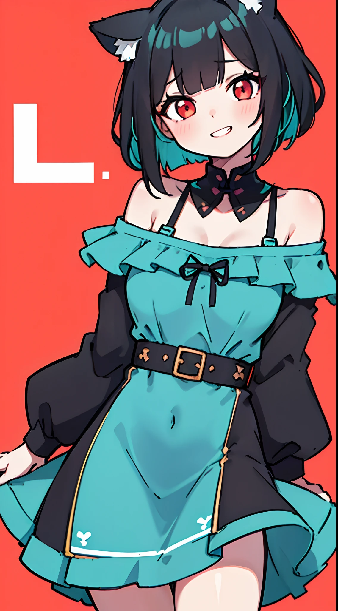 close-up portrait of ((solo 1girl, nekomimi)), ((short black hair in a wavy bob-cut with turquoise highlights)), big grin, side glance, masterpiece, red eyes, (simple plain background), (one-side off-shoulder dress), head tilt, vivid colors, extra long sleeves