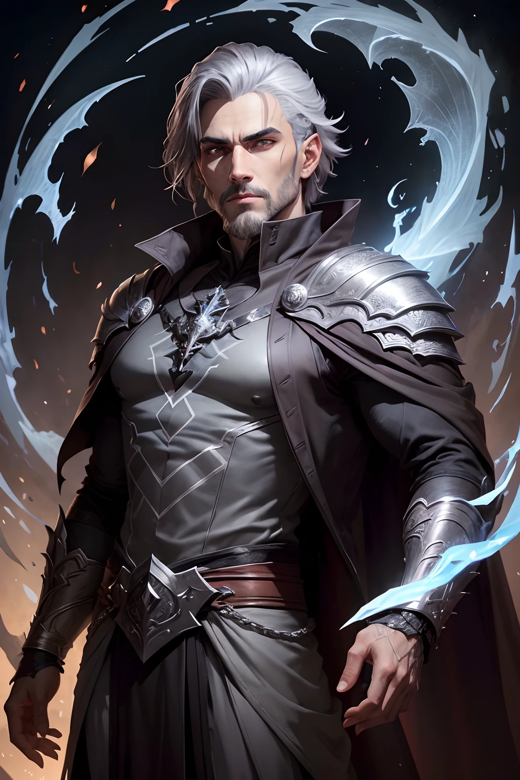 A human draconic sorcerer with side-parted dark brown short hair and a well shaved beard. He has dragon eyes and some silver scales on his face. Fully clothed in gray sorcerer robes adorned with silver accents. Patches of silver dragon scales cover his skin.