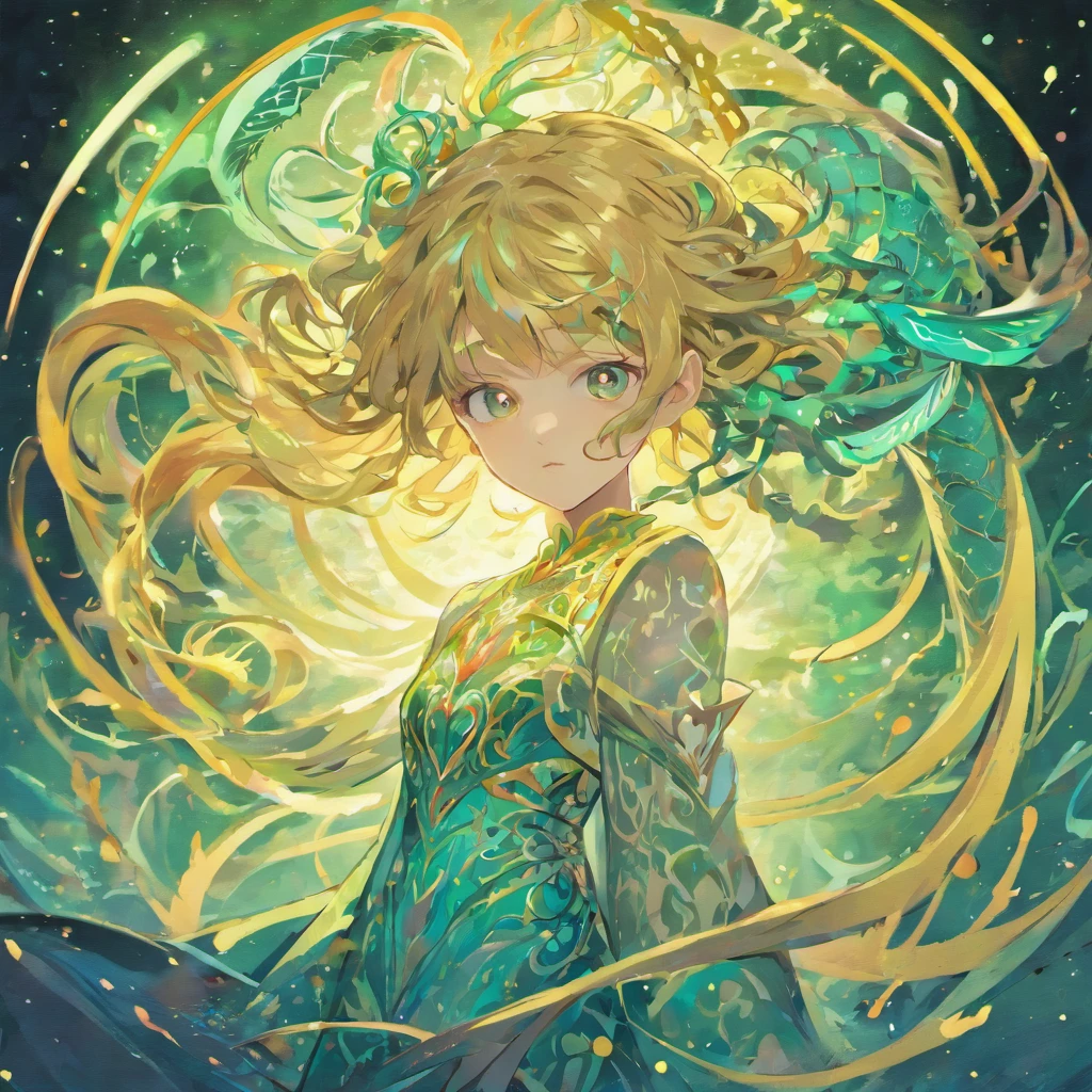 A celestial serpent with tendrils of mist and pearlescent eyes, rendered in the style of Art Nouveau, with flowing, organic lines and intricate details