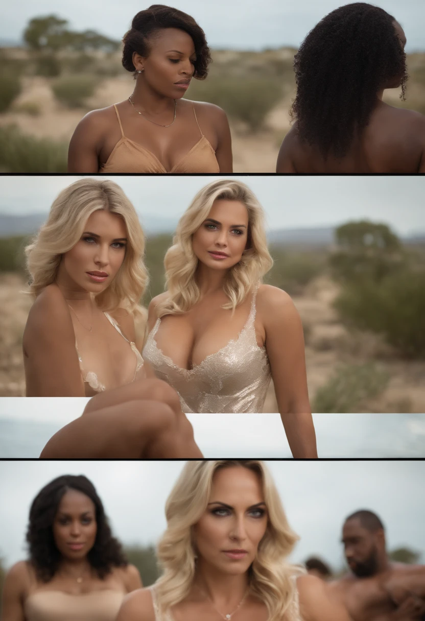 A hot blonde married woman with a big   gets kidnapped and forced to strip for a group of butch black lesbian women, (big ), , detailed, (), big , panels telling the story