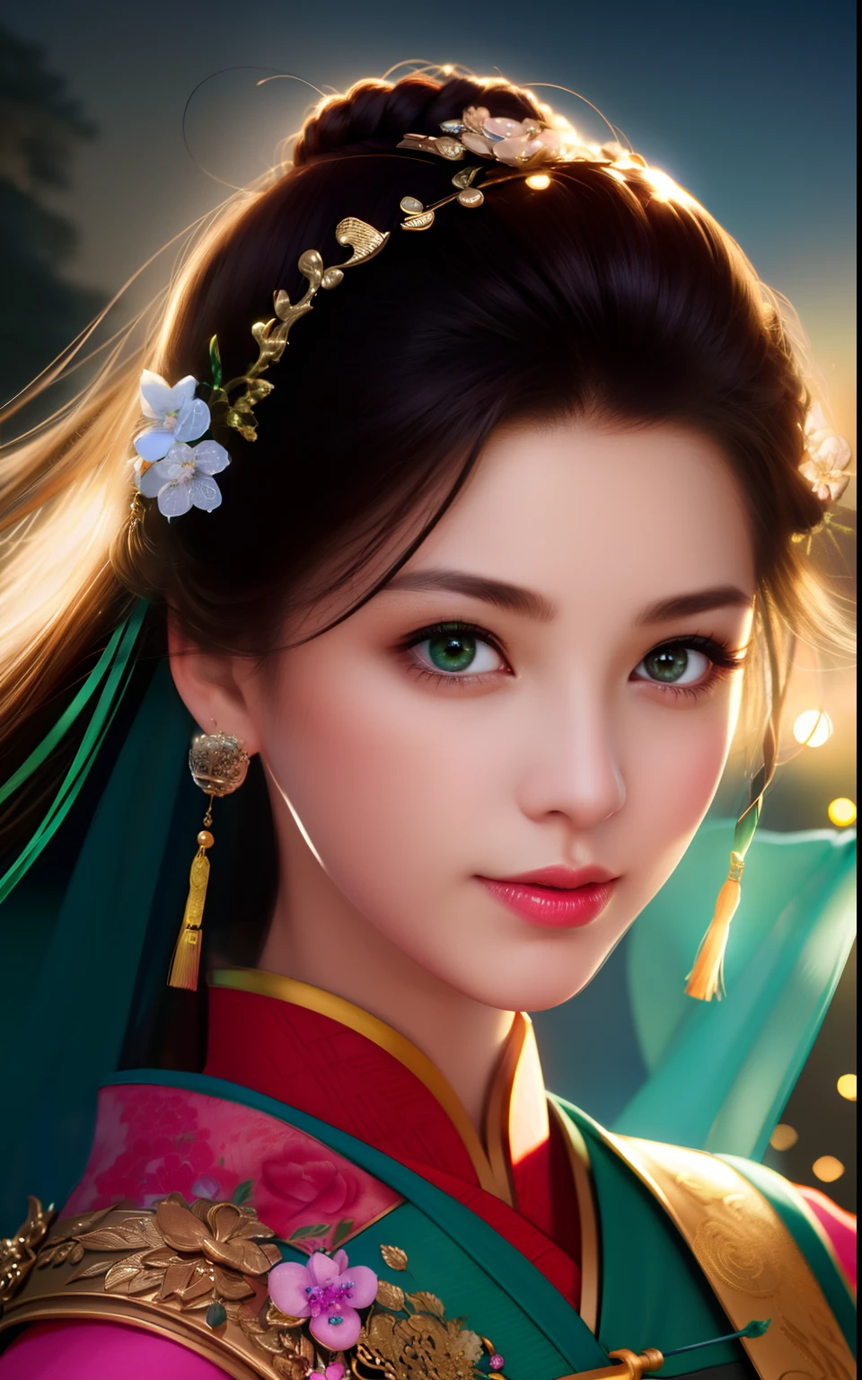 best quality, masterpiece, night, full moon, 1 girl, mature woman, Chinese style, ancient China, sister, imperial sister, smile, dark brown hair, dark hair, princess cut, a Fried Dough Twists braid, coiled hair, double ball head, light pink lips, calm, intellectual, middle hair, green eyes, hairpin, hydrangea, fine face, facial close-up, hand close-up, green clothes,Beautiful face,upon_body,photorealistic, rim lighting, two tone lighting,(high detailed skin:1.2), 8k uhd, dslr, soft lighting, high quality, volumetric lighting, Photograph, high resolution, 4k, 8k, Bokeh