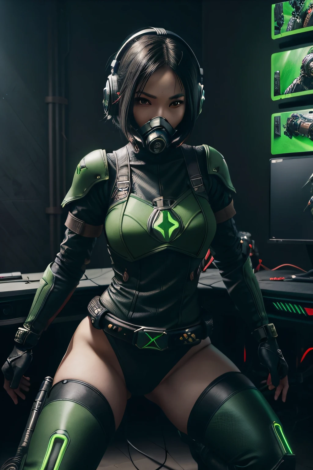 beautiful japanese young woman, extreme detailed, bodysuit, gloves, belt, thigh boots, (valorantViper:1.2), bodysuit, gloves, belt, thigh boots, respirator, looking at viewer, face, portrait, close-up, green, slender, (combat ready stance), (tactical outfit), (solo character), (gaming theme:1.5), short hair, green, (black hair), (milittary gear), (gas mask:0.4), (poisonous green:1.2), (glowing effects),