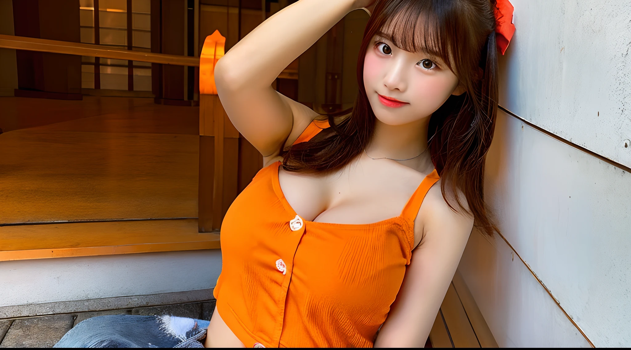 18-year-old cheergirl in an orange miniskirt(F Cup Breast)