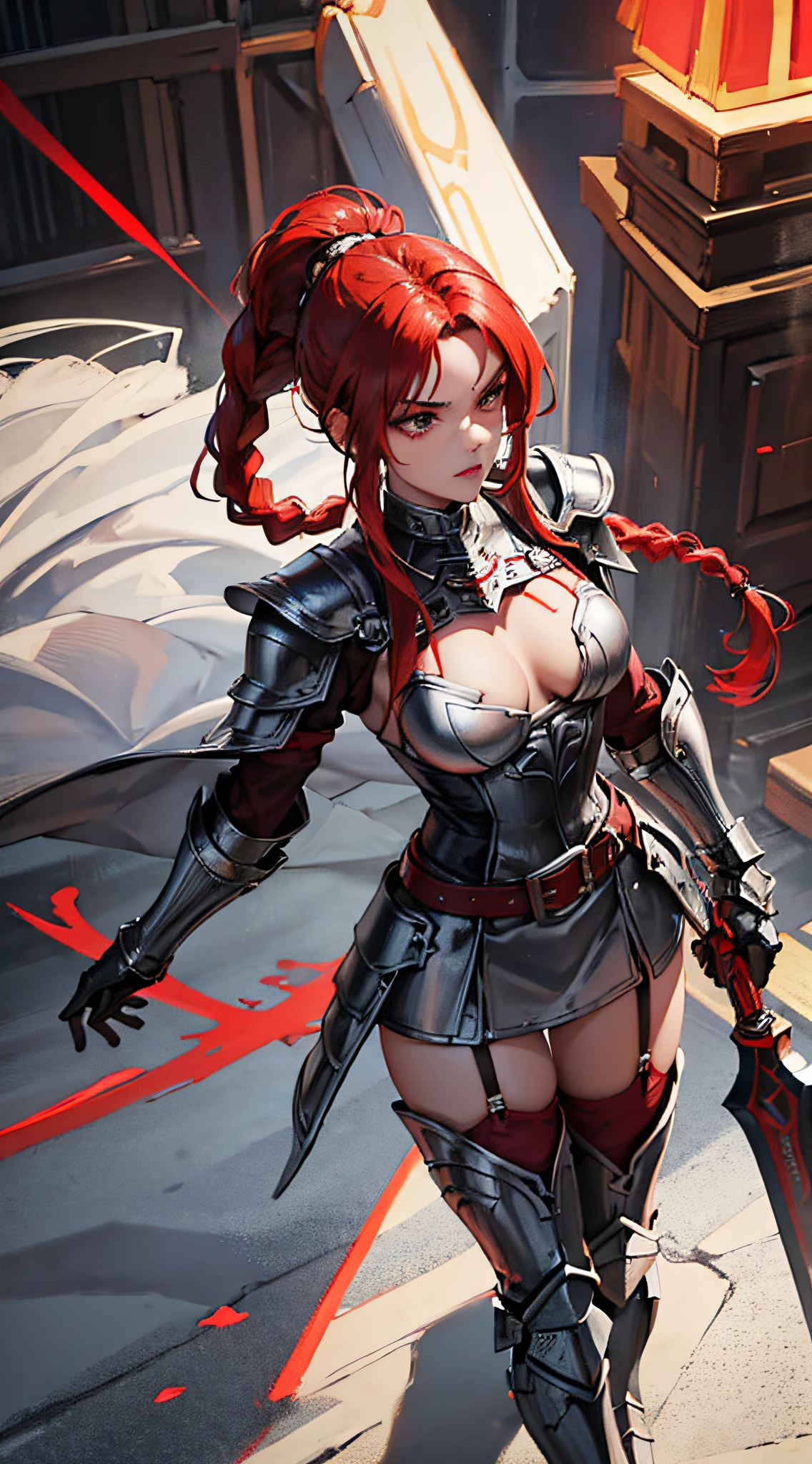 braided ponytail,silver armor, red dress, belt, gauntlets, gloves, armored boots,sexy butt,nice tits,angry,sexy,titania,with a axe,red hair.