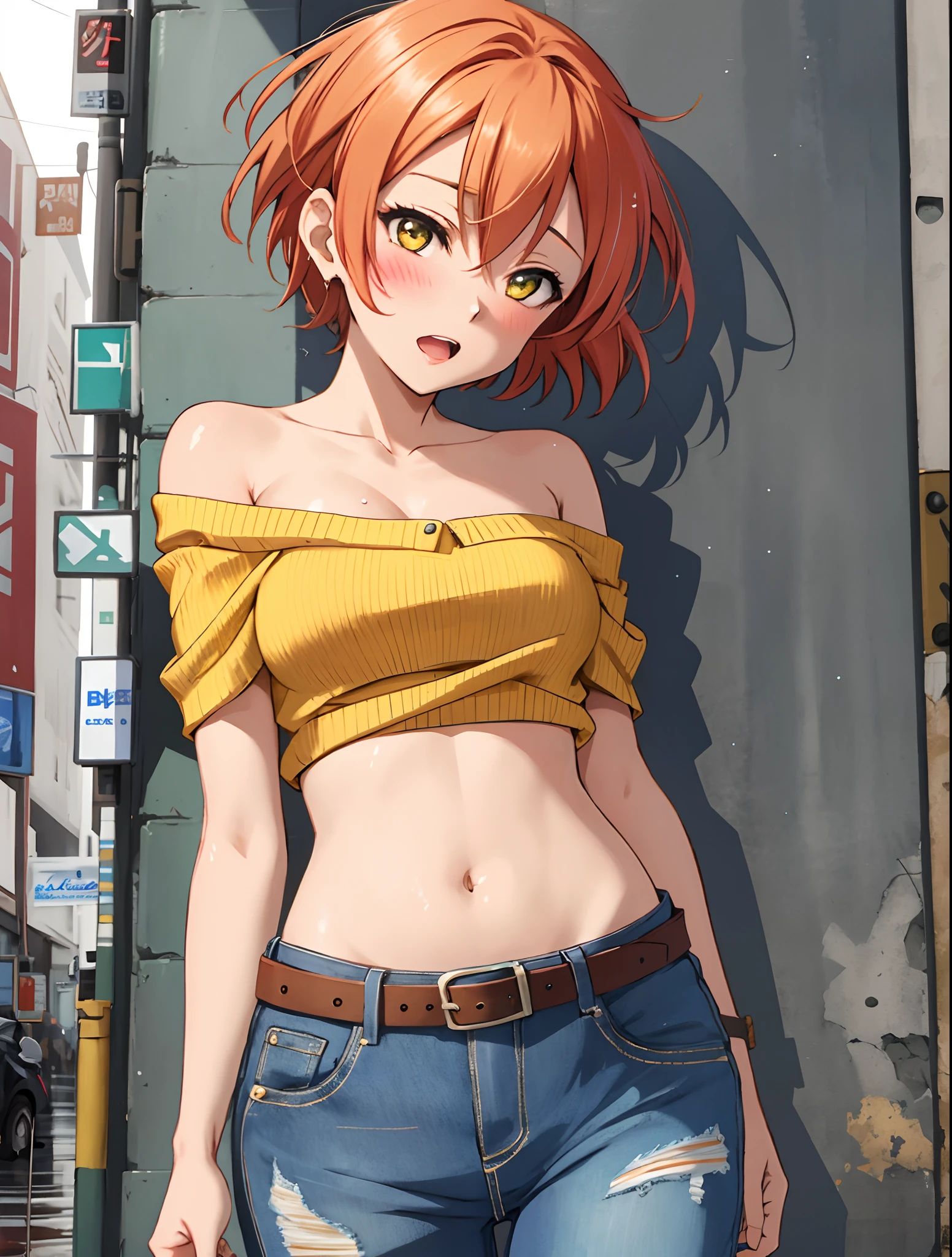 Hoshizora rin, Best Quality,(beauty), 1girl,phisically-based render ,ultra highres,(cowboy shot:1.5),narrow waist, skinny, big eyes,long legs,torn jeans,leather belt,small breasts,puffy eyes, leather belt,(rainy city), shiny skin, facing viewer, covering breasts,(midriff:0.7), sweating, flying sweat drops,off shoulder,torn top, Blushing, open mouth, nervous