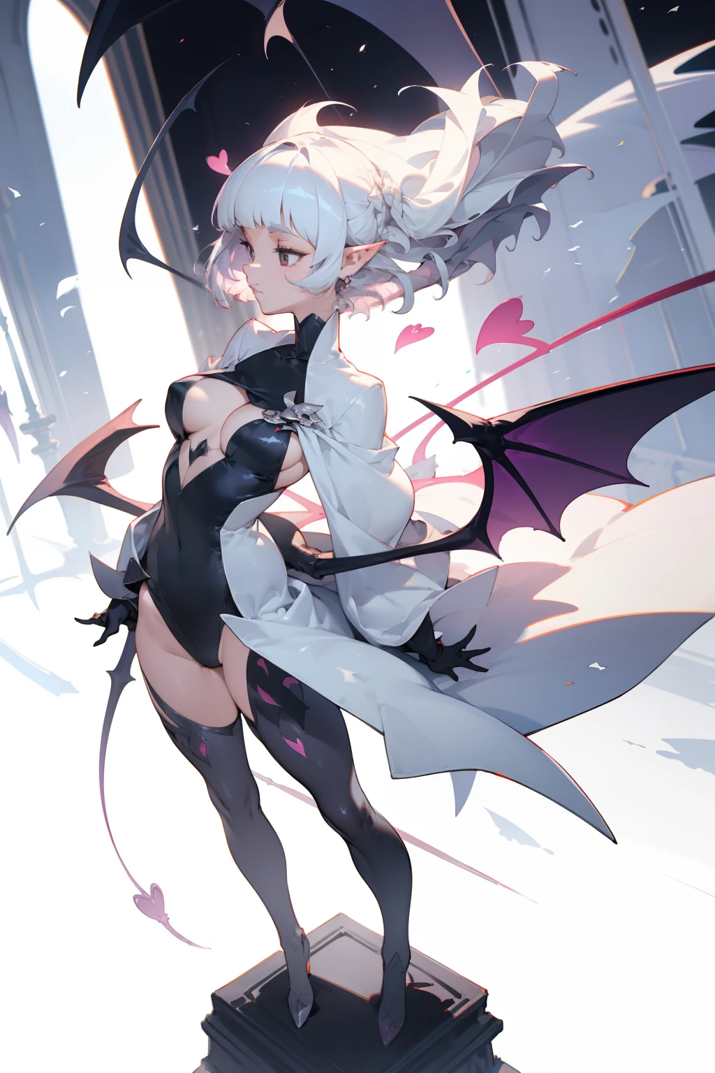 pointy ears，White color hair，Bigboobs，Two legs（Princess cut hairstyle），short detailed hair，Sideburns have long hair，succubi，have demon wings，upper legs，Heart-shaped decoration，wind coat，tightsuit，The sword，chies，statues