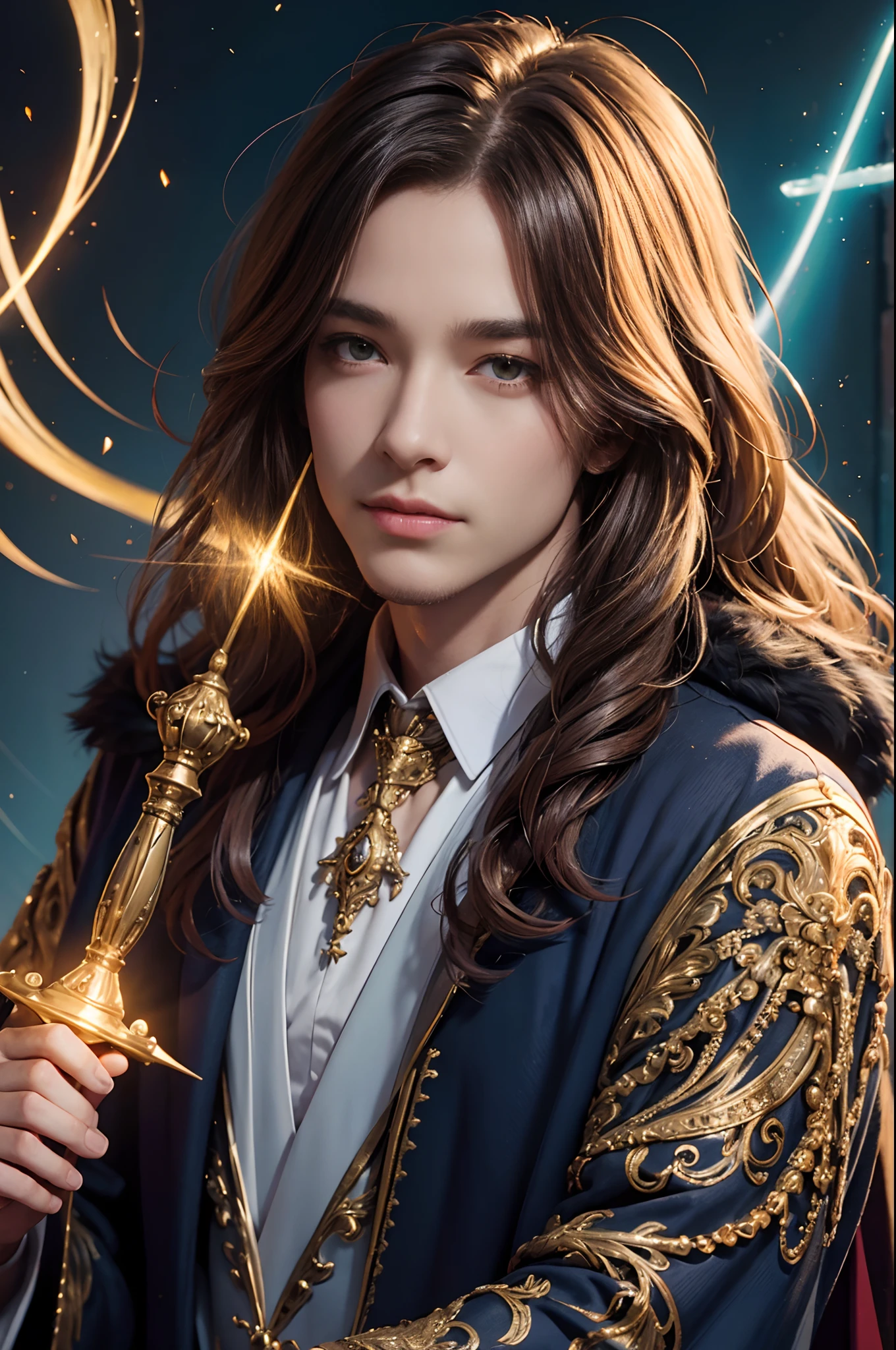 High-resolution closeup portrait of a magician, with ornate robes and a wand, bright colorful light shining behind him, detailed face.