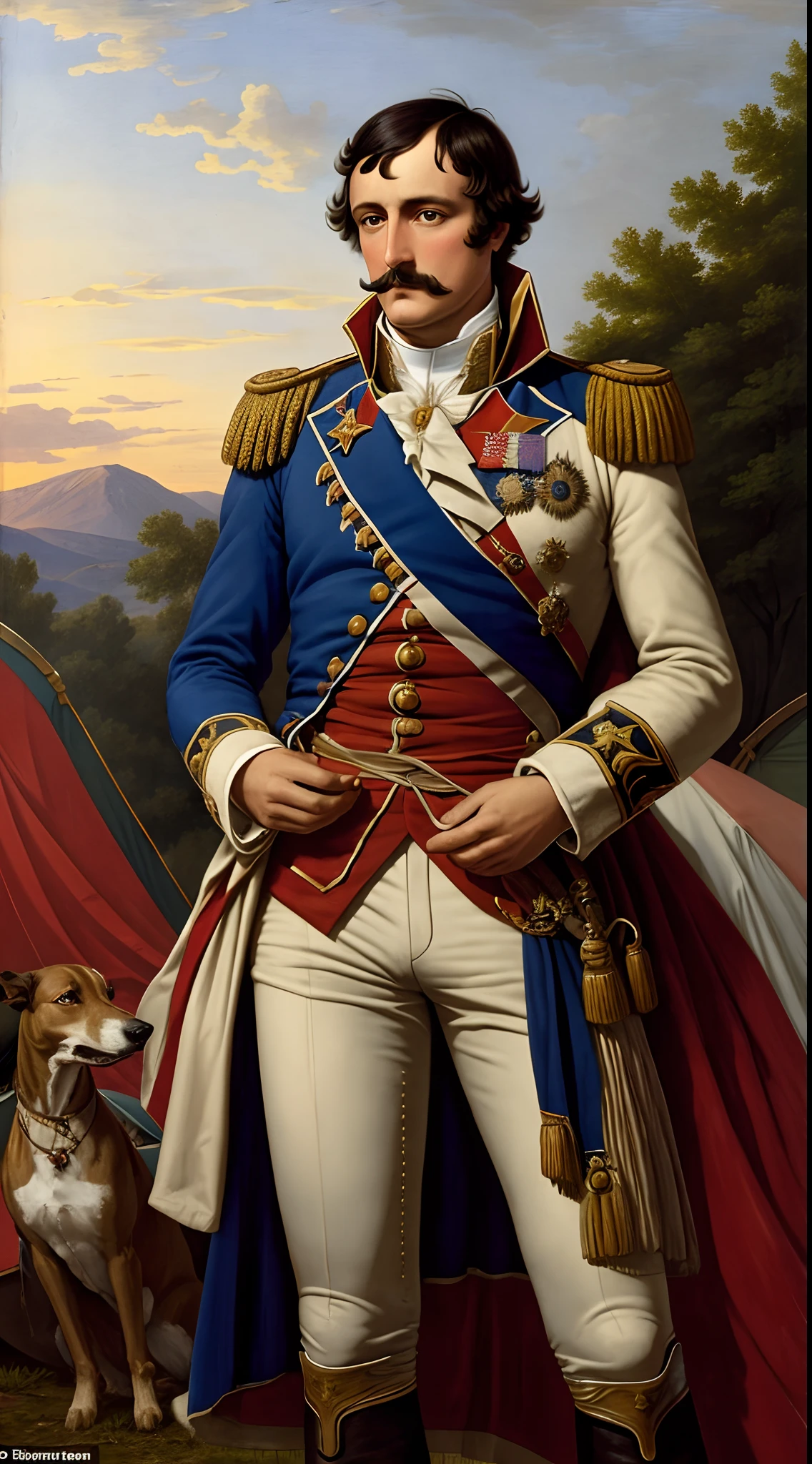 Envision Napoleon Bonaparte in a camp at dusk, surrounded by tents and soldiers, deep in thought with his greyhound, Moustache, by his side.