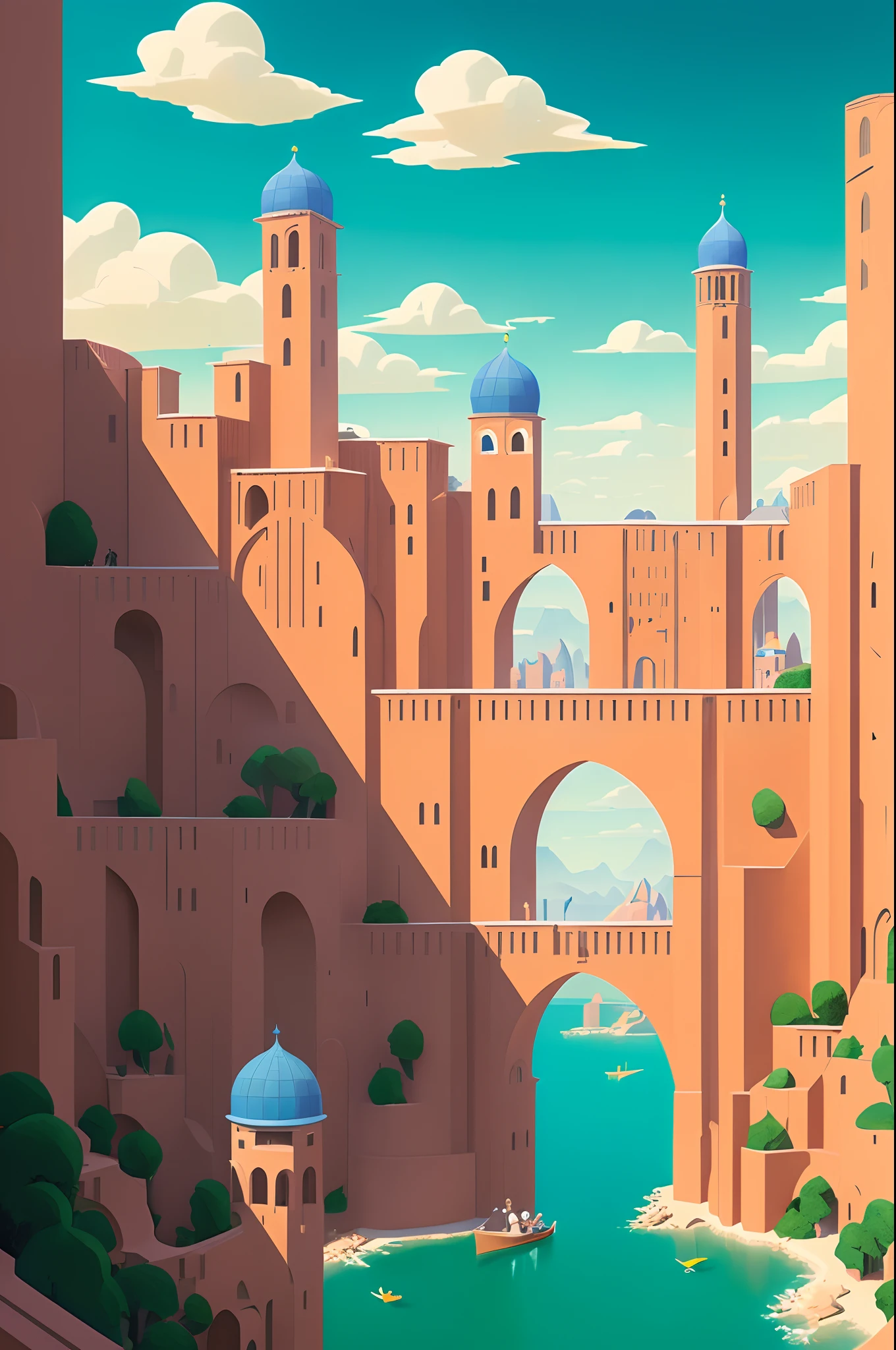 (by Phil Noto, by Pixar, by Cory Loftis, by Ed Mell, by Drew Struzan, by Alberto Morrocco),masterpiece,
Monument Valley,illustration,paradoxical geometry,
tile,brown tile,building,dome,onion dome,brown onion dome,
water,stairs,buttress,arch bridge,light brown background,door, brown wall
sharp focus, (HDR), (8k), (gigapixel), ((masterpiece))