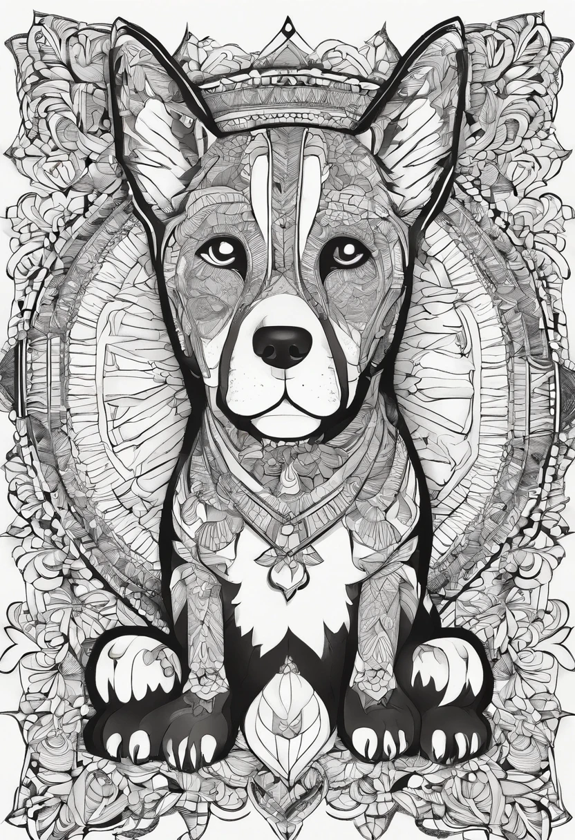 vibrant black and white color drawing of a simple cute dog based mandala