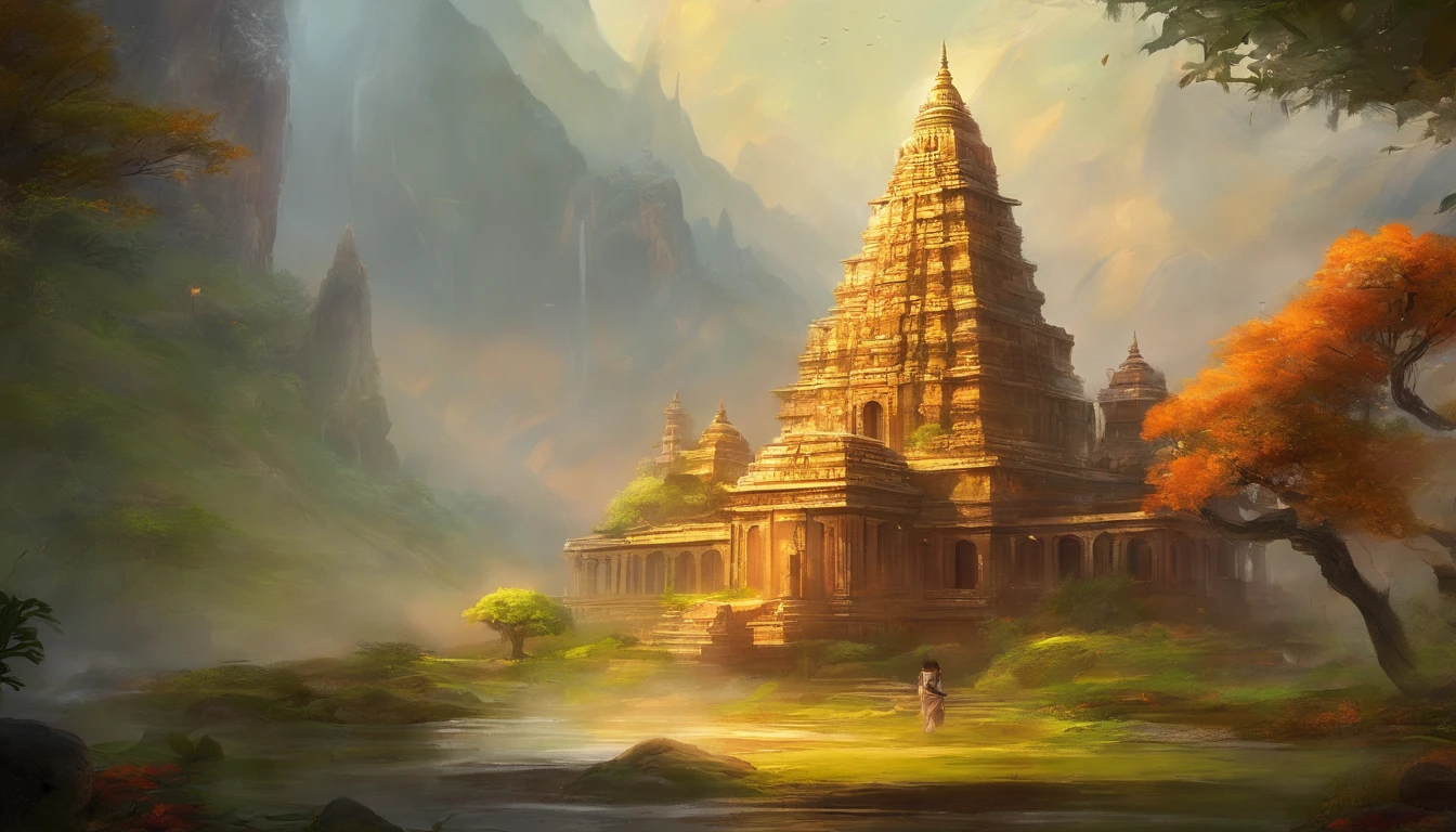 Painting of a temple in a mountain setting with a river - SeaArt AI